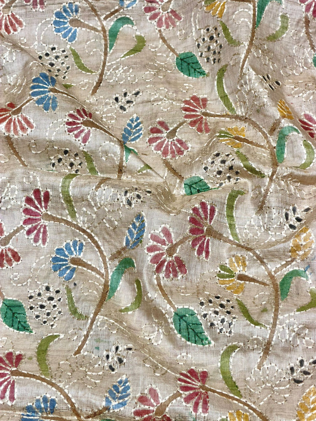 Beige Pure Tussar Natural Floral Embroidered Fabric