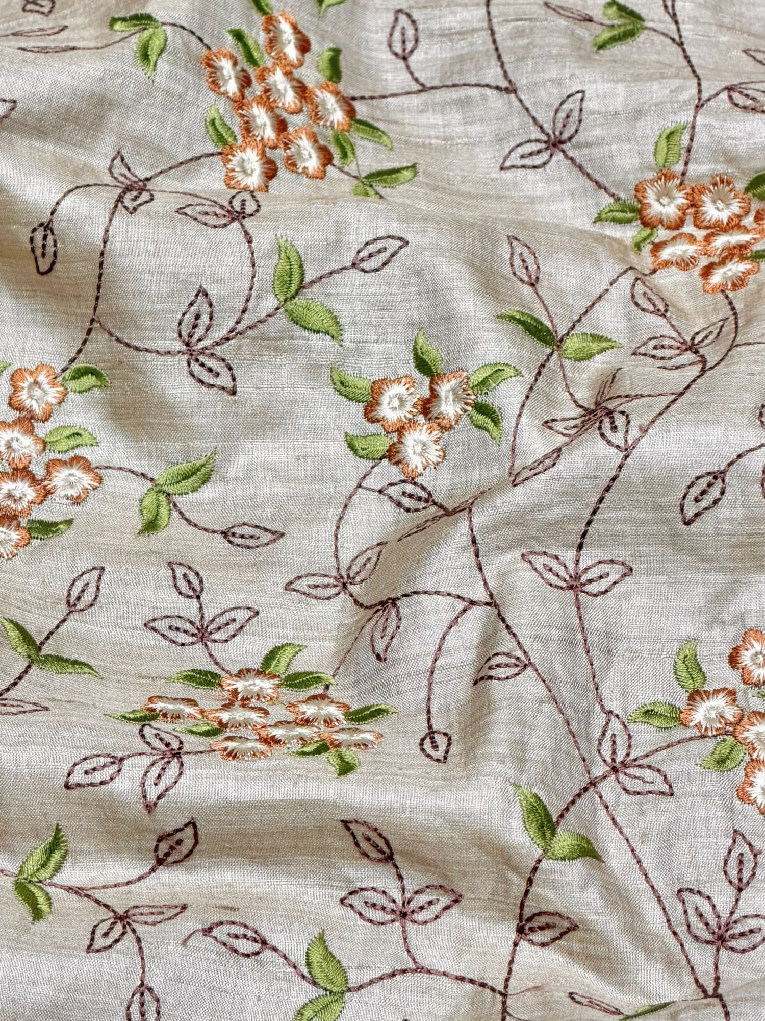 Ivory-Beige Pure Tussar Natural Floral Embroidered Fabric
