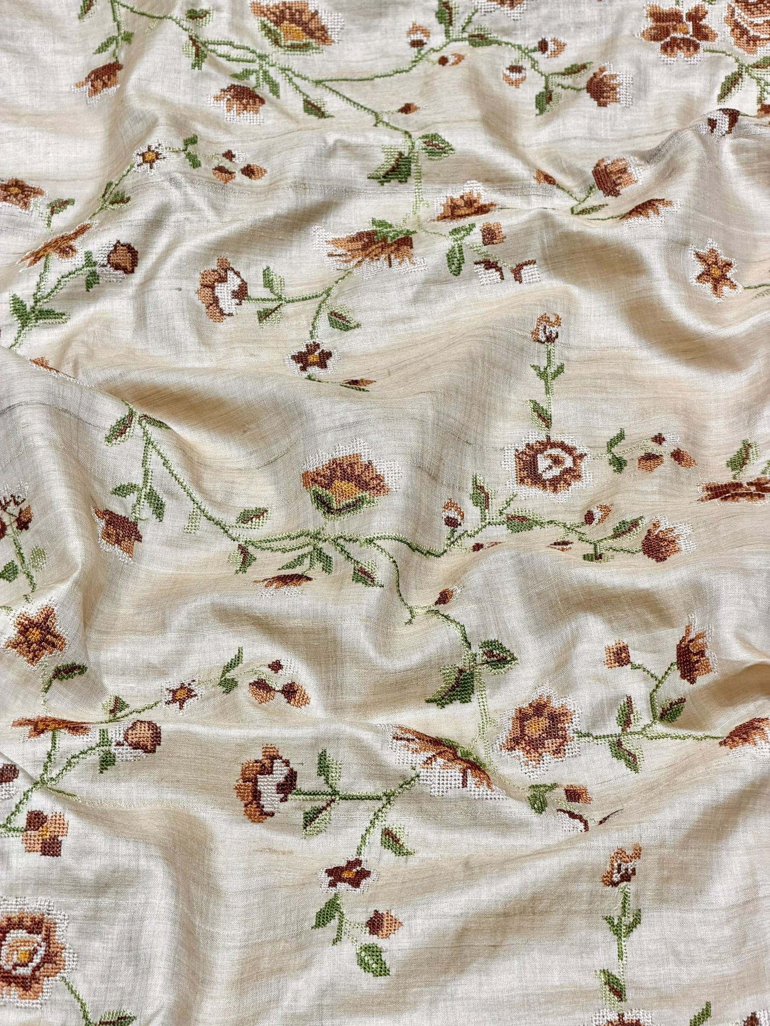 Ivory-Beige Pure Tussar Natural Floral Embroidered Fabric