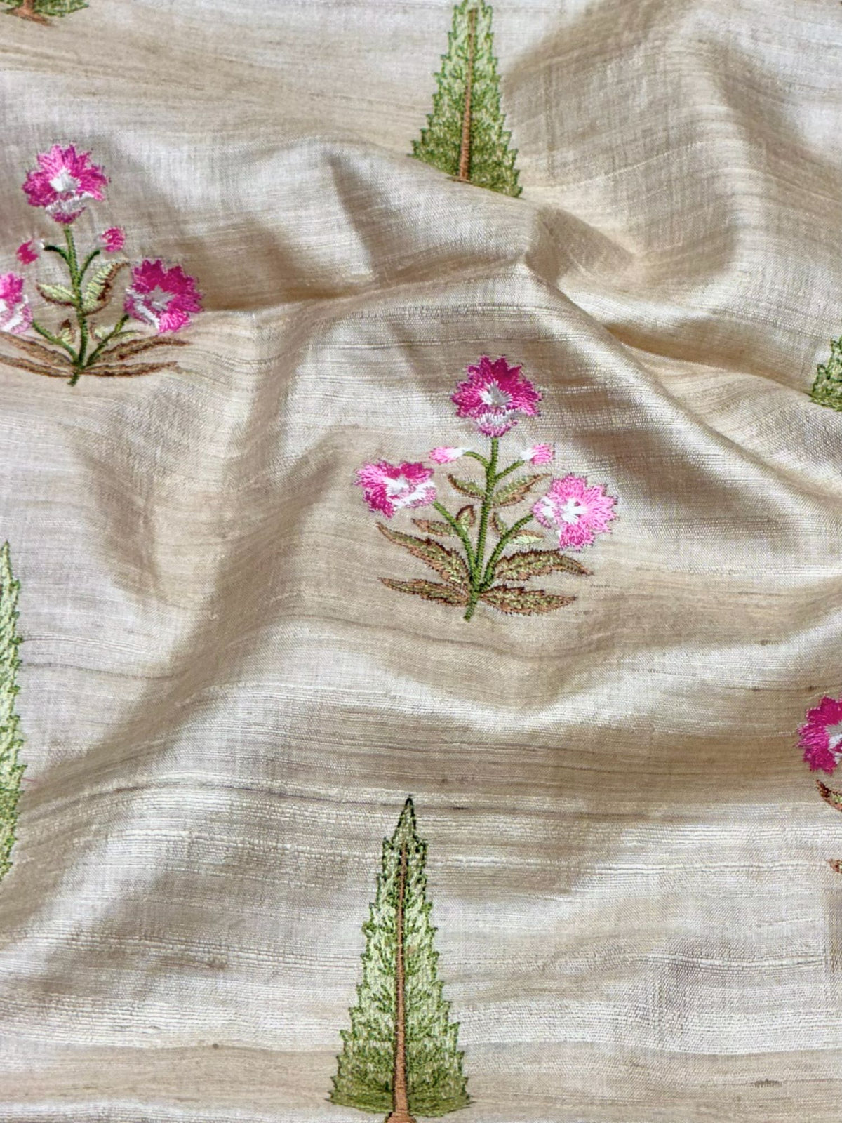 Ivory-Beige Pure Tussar Natural Floral Embroidered Fabric