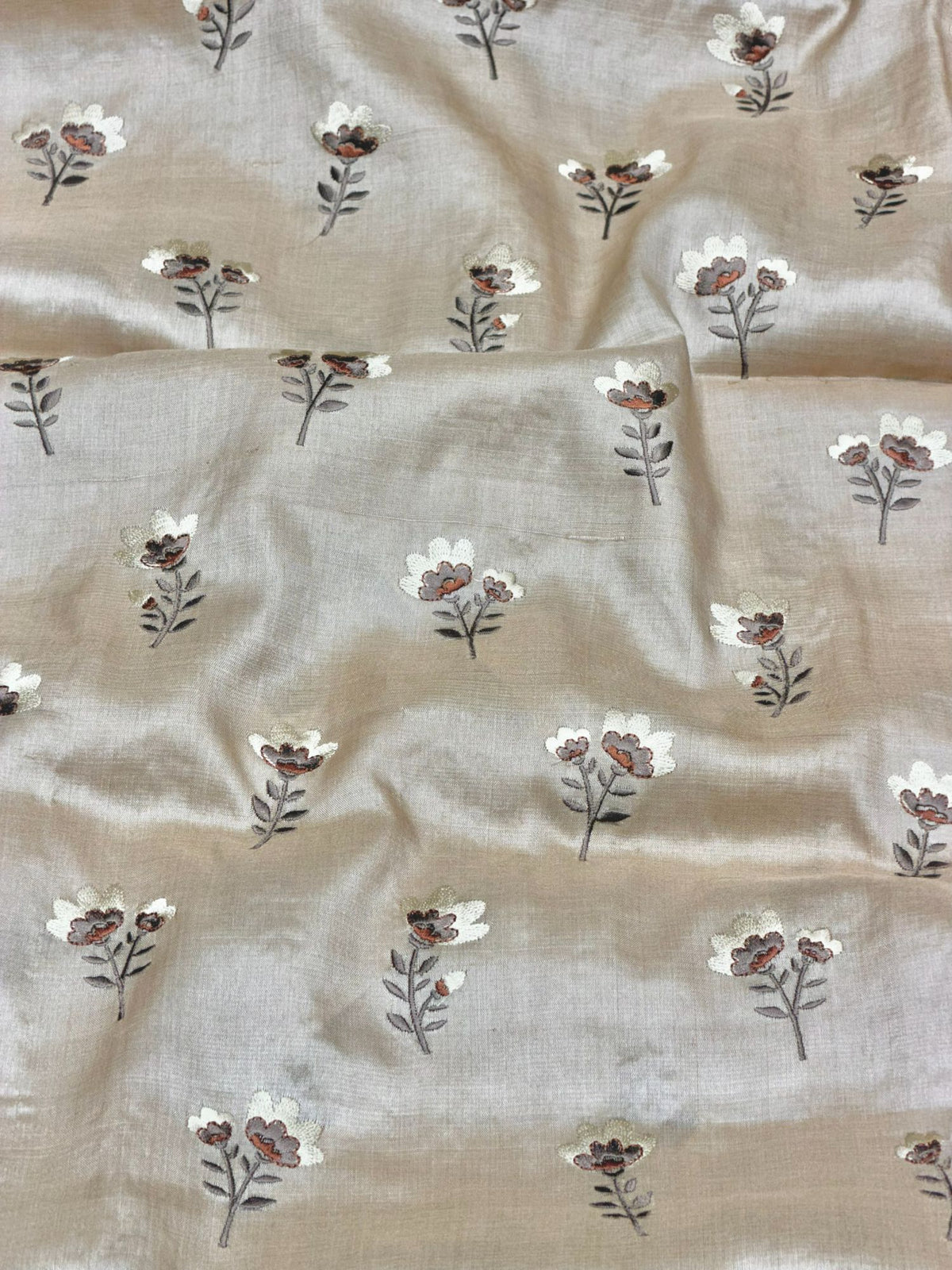 Beige Pure Tussar Natural Floral Embroidered Fabric