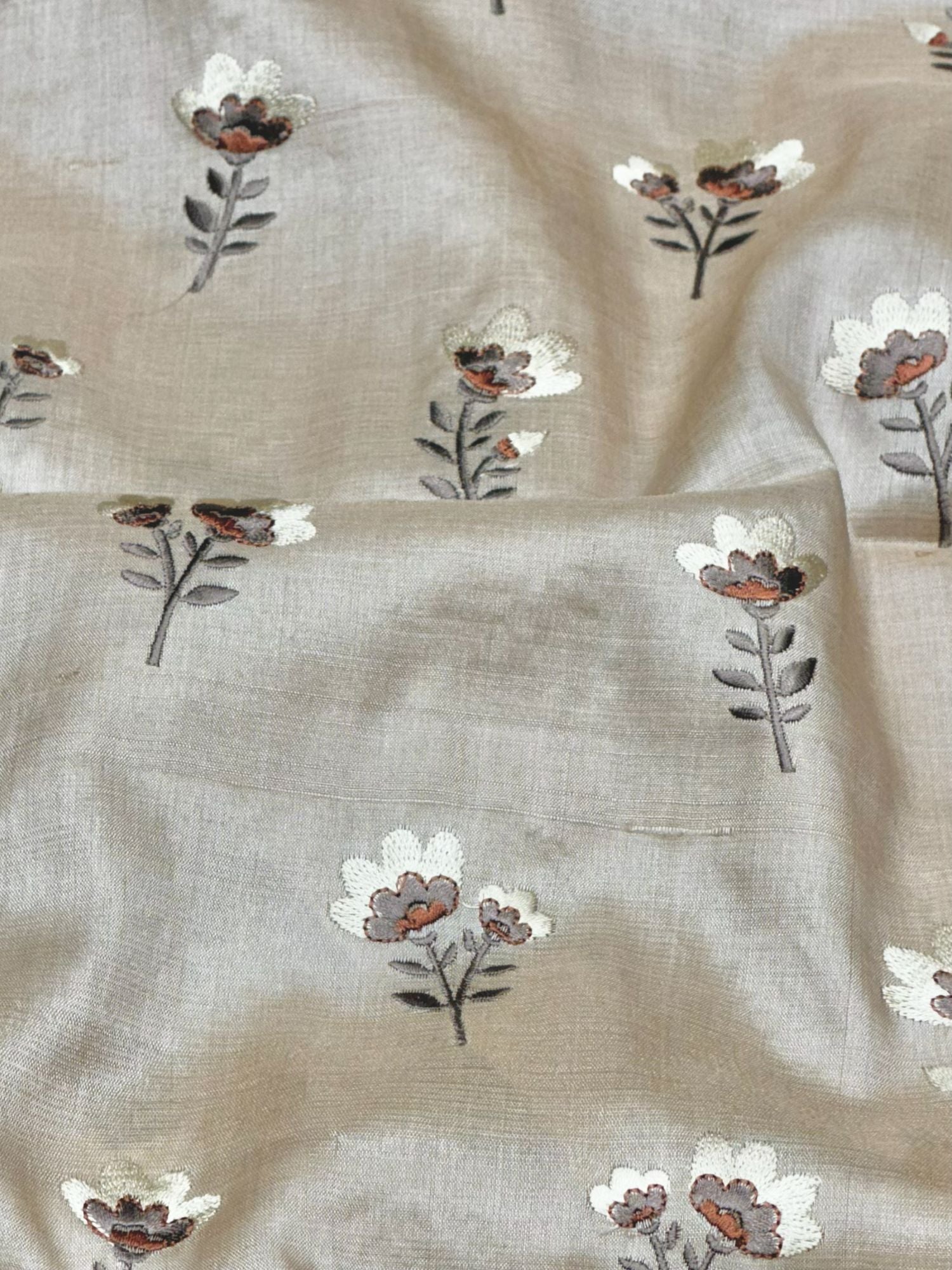 Beige Pure Tussar Natural Floral Embroidered Fabric
