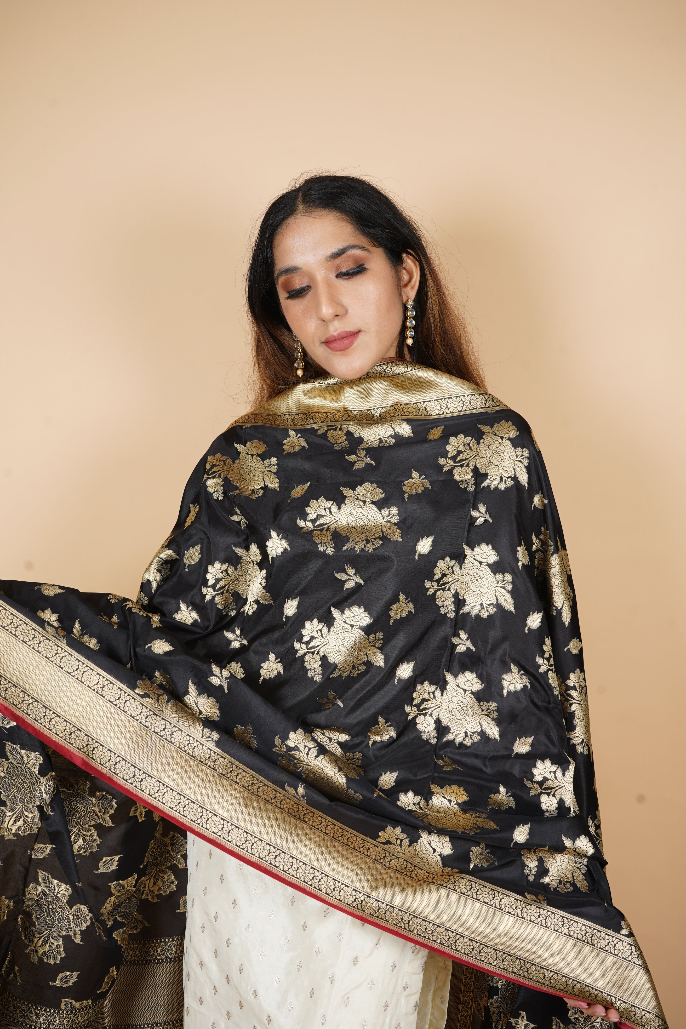 Black Pure Katan Silk Banarasi Handloom Dupatta
