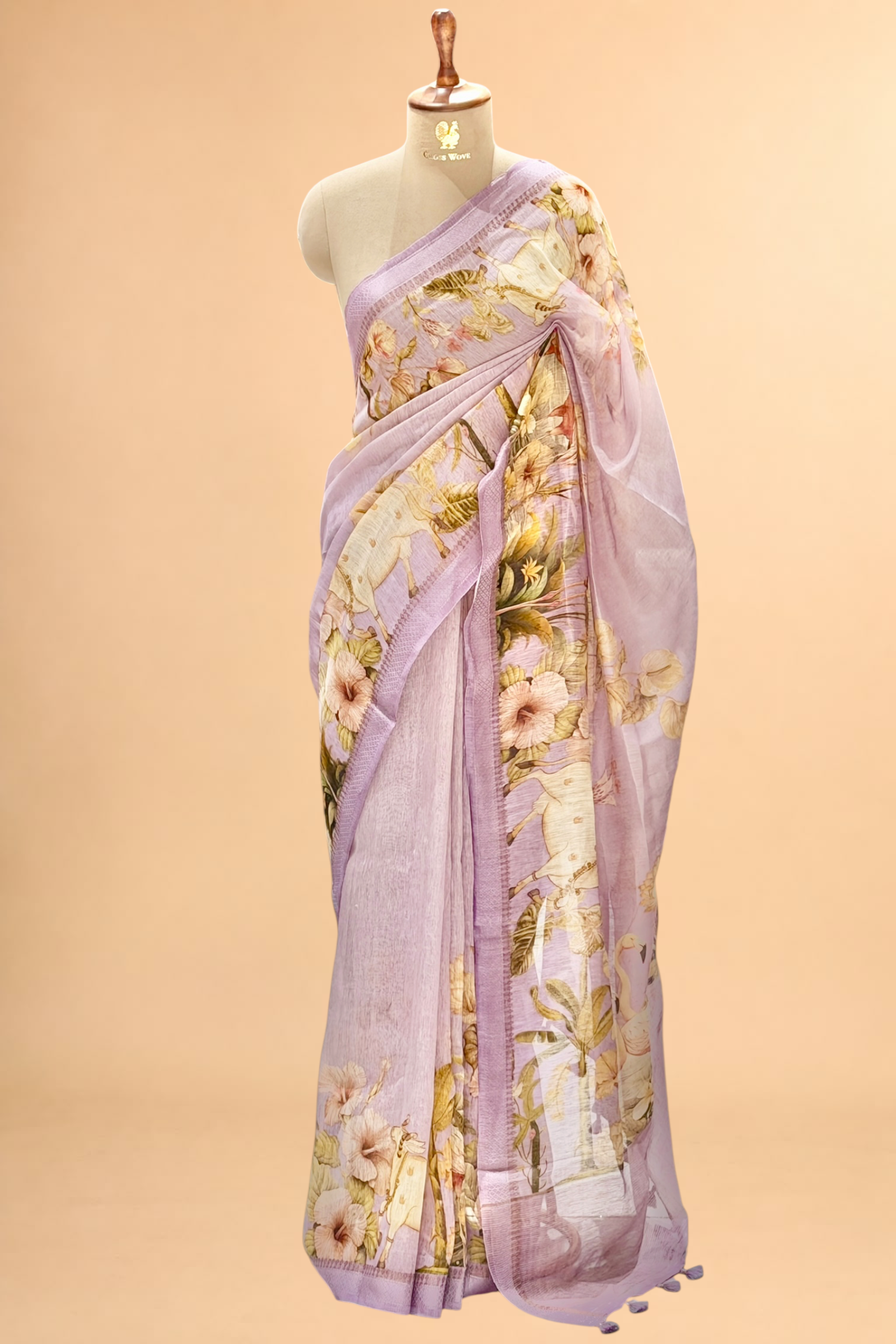 Lavender Pure Linen Pichwai Printed Silk Saree
