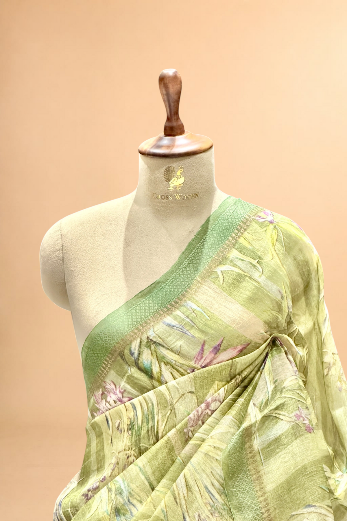 Olive Pista Green Pure Linen Pichwai Printed Silk Saree