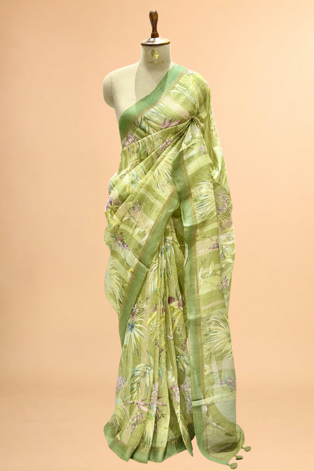 Olive Pista Green Pure Linen Pichwai Printed Silk Saree