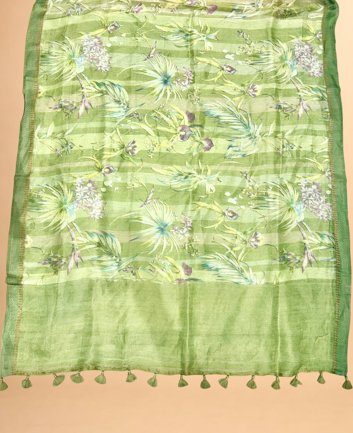 Olive Pista Green Pure Linen Pichwai Printed Silk Saree