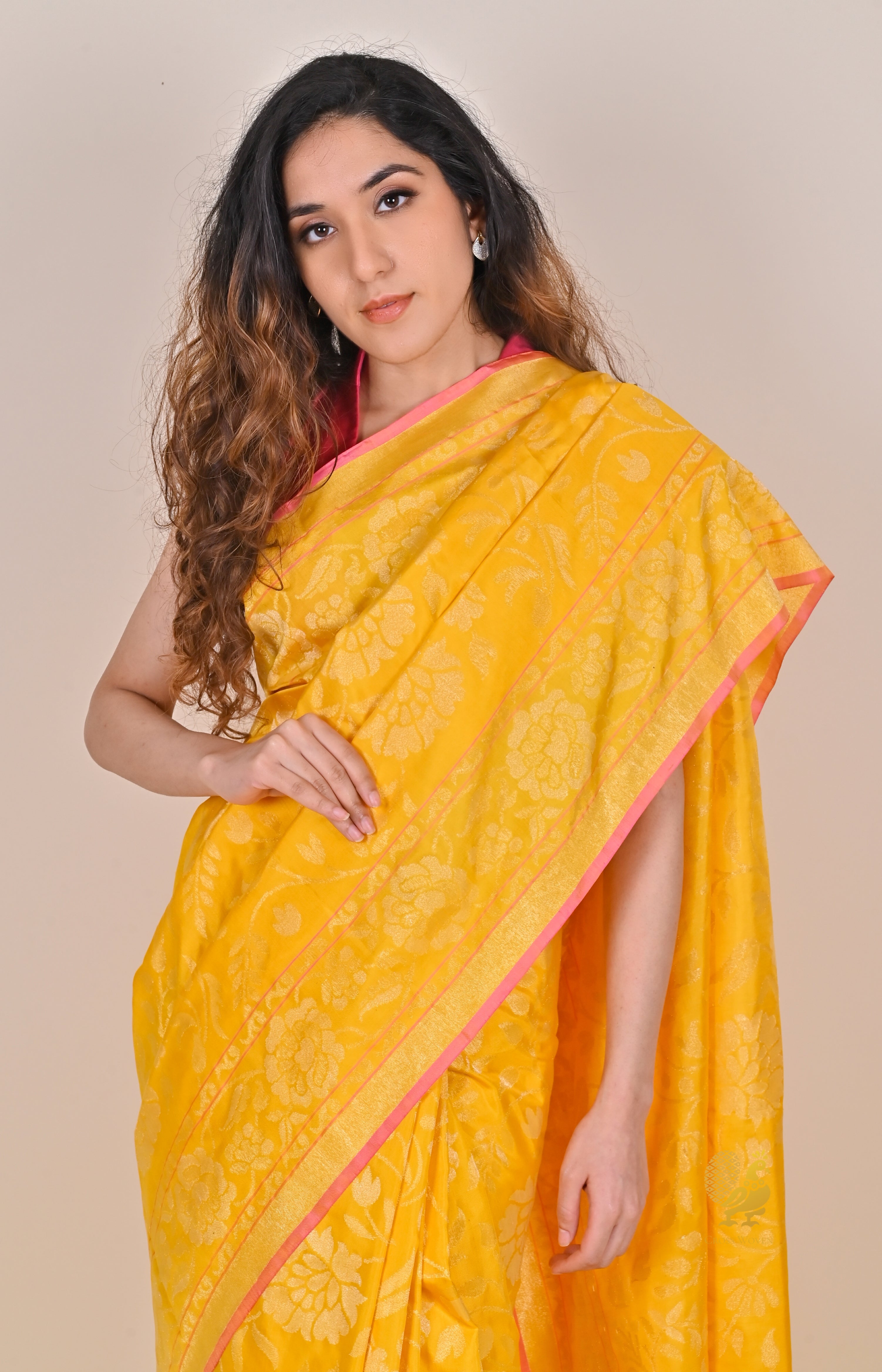 Golden Yellow Real Zari Pure Katan Silk Saree