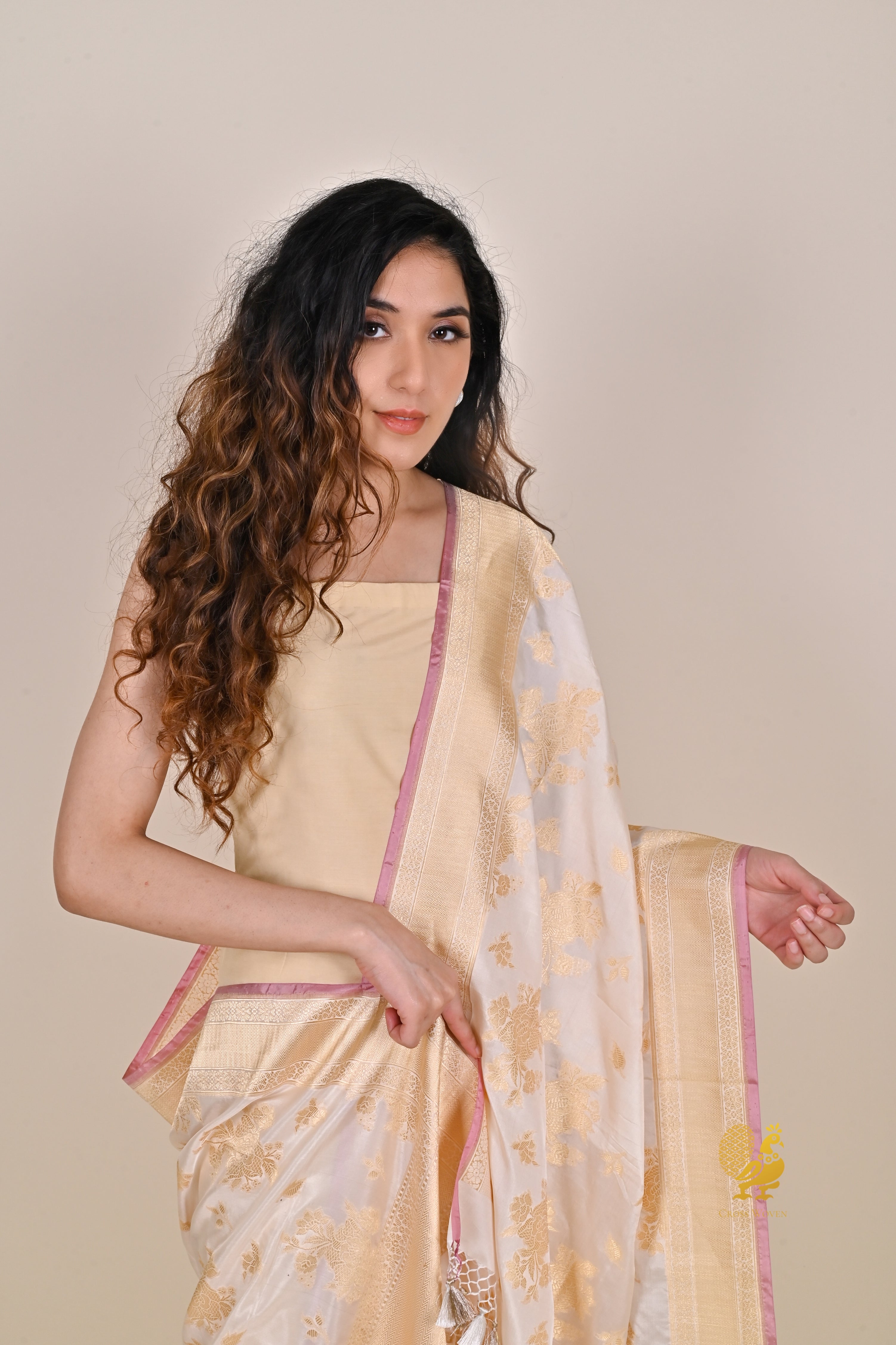 Ivory Pure Katan Silk Banarasi Handloom Dupatta