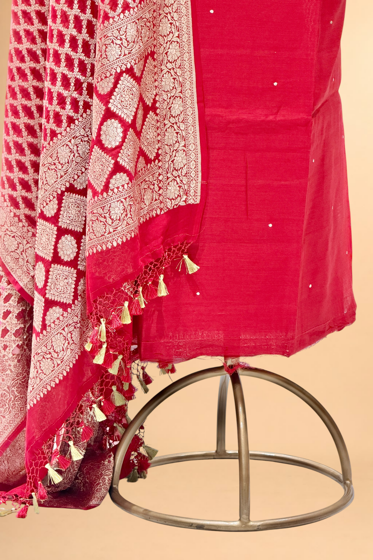 Red Chiniya Silk Suit Set With Gayatri Mantra And Georgette Dupatta