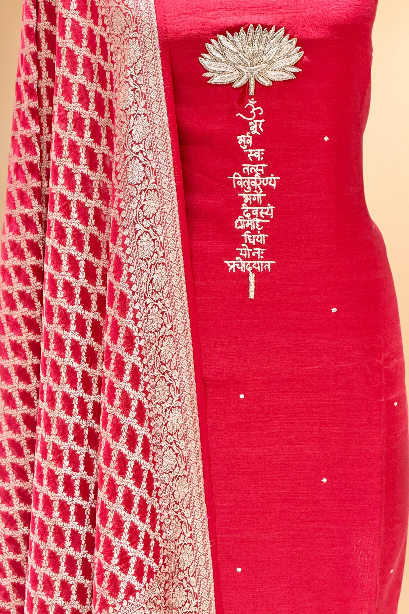 Red Chiniya Silk Suit Set With Gayatri Mantra And Georgette Dupatta