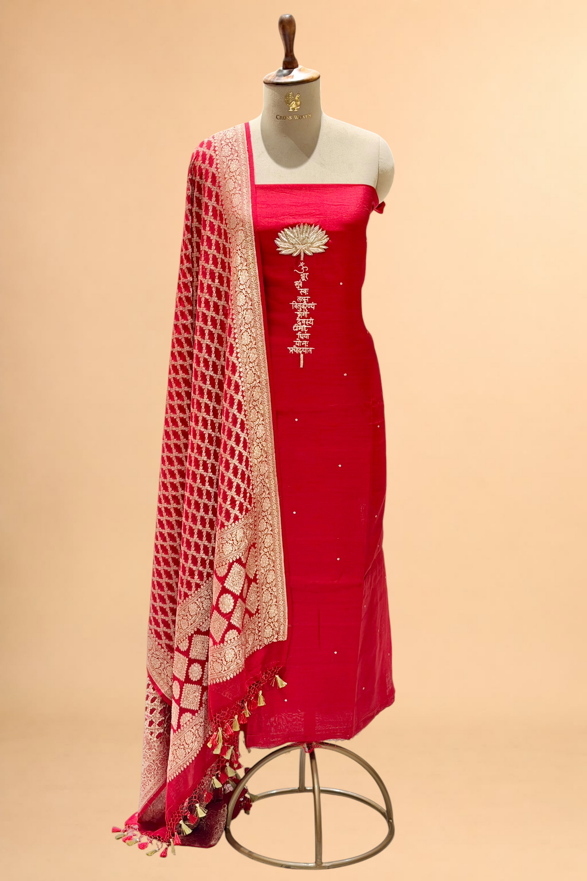 Red Chiniya Silk Suit Set With Gayatri Mantra And Georgette Dupatta