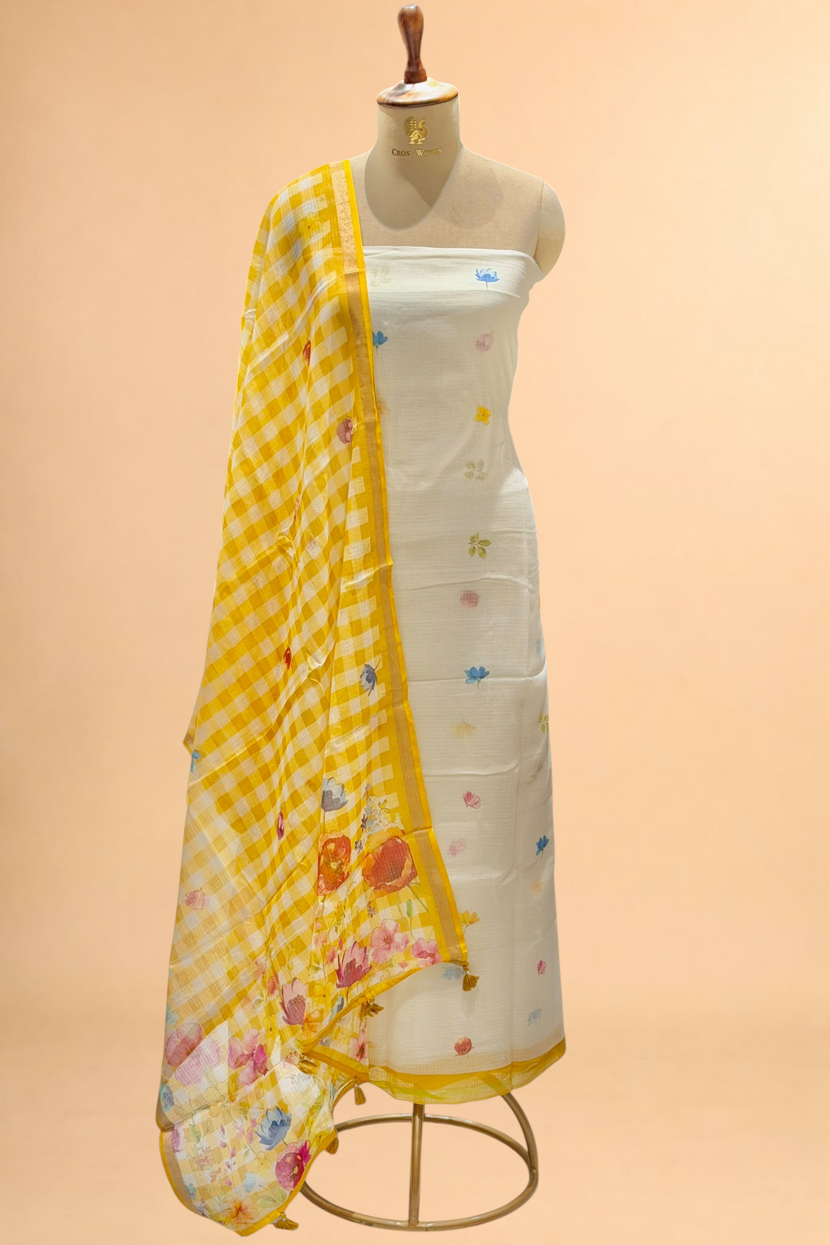 Ivory-White Pure Kota Silk Suit Sets With Checkered Dupatta