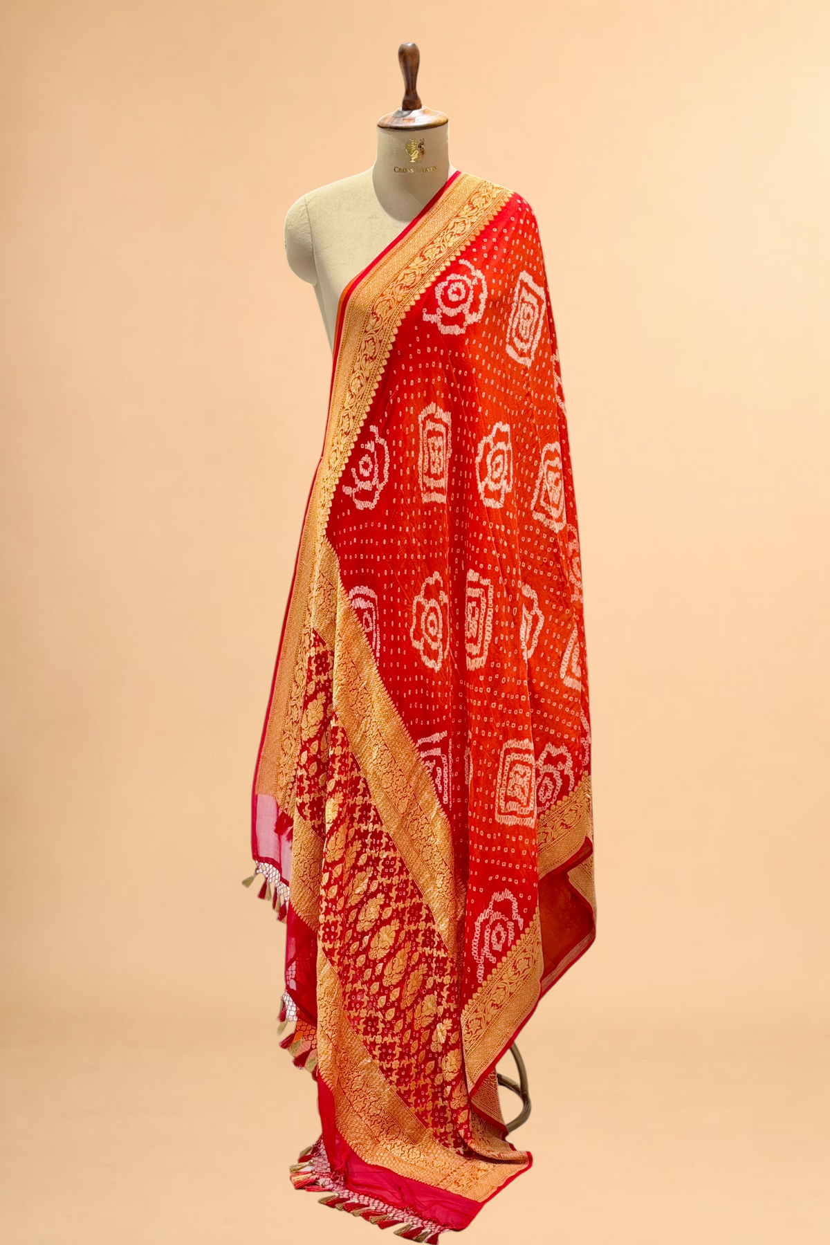 Red & Orange Shaded Georgette Khaddi Rai Bandhani Dupatta