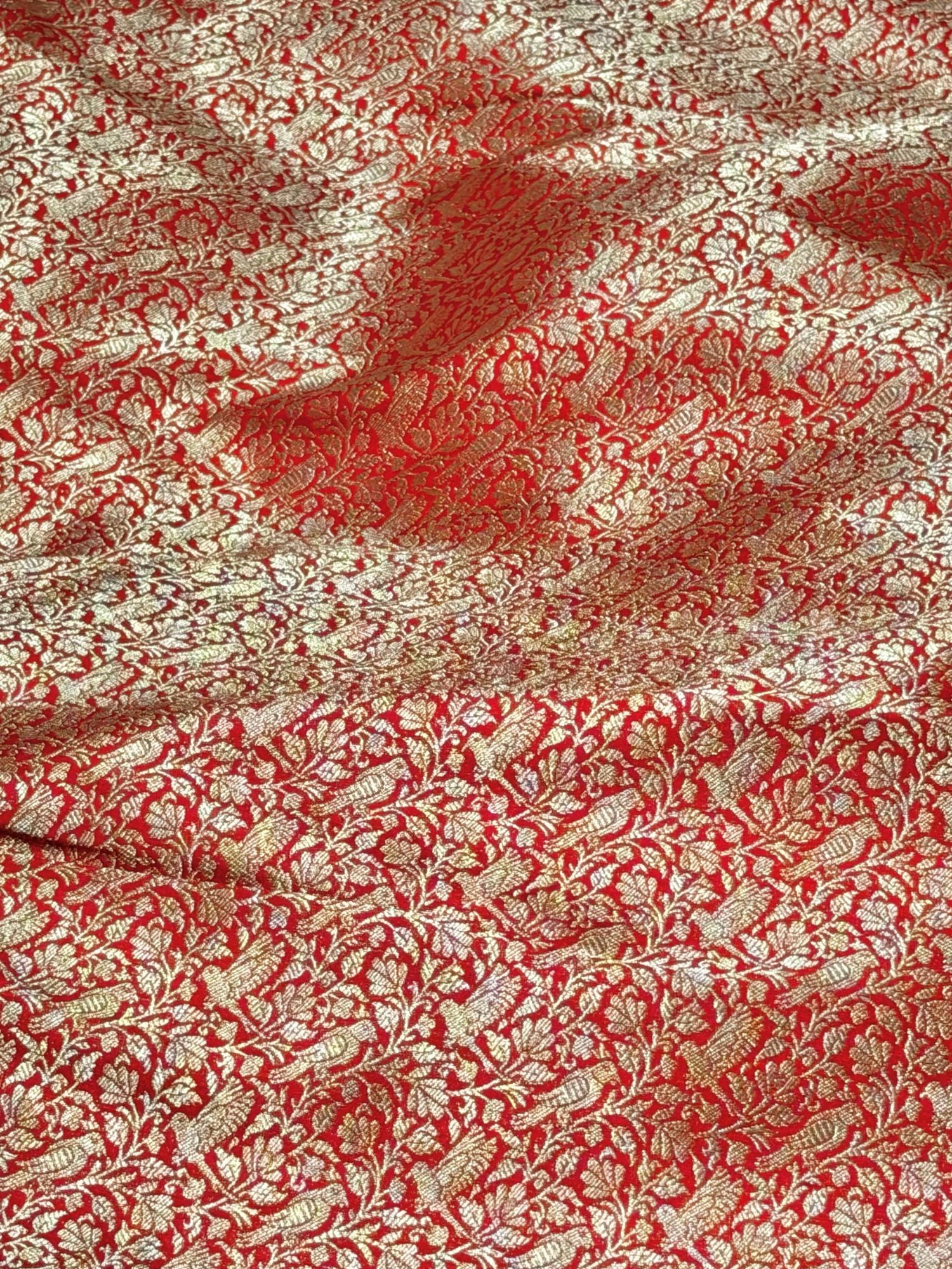 Red Shikarghah Katan Silk Handloom Fabric