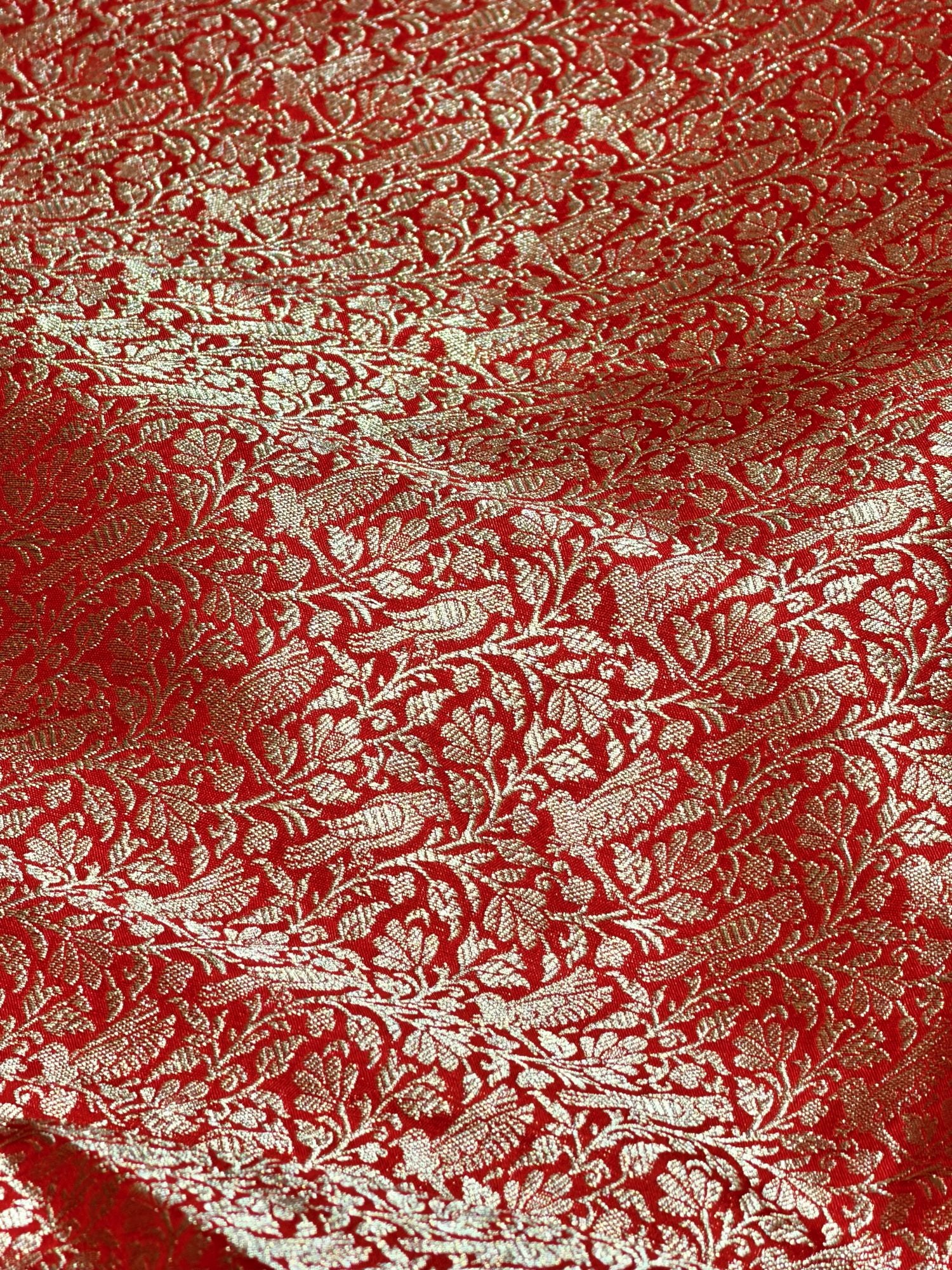 Red Shikarghah Katan Silk Handloom Fabric