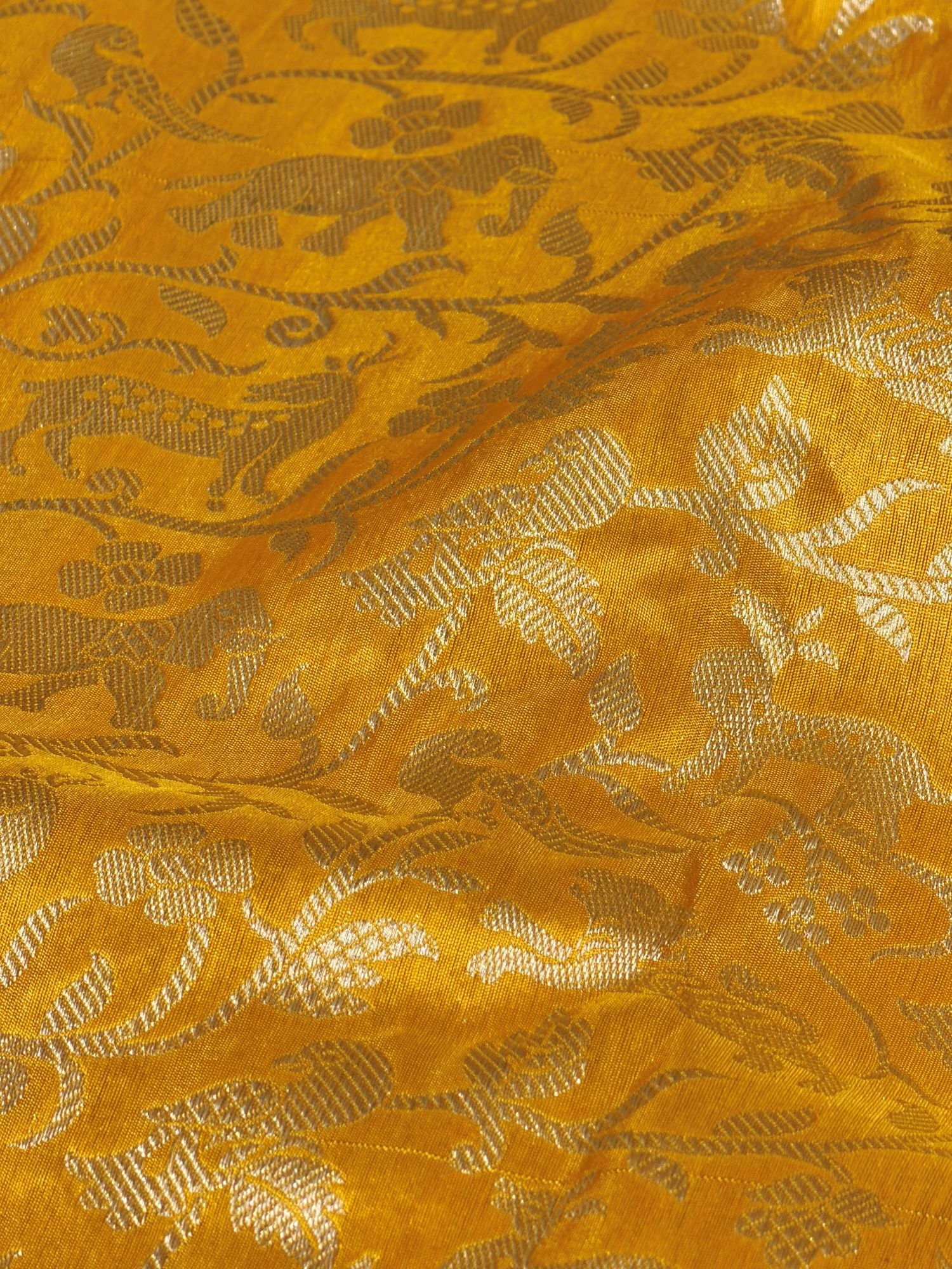 Yellow Shikarghah Katan Silk Handloom Fabric