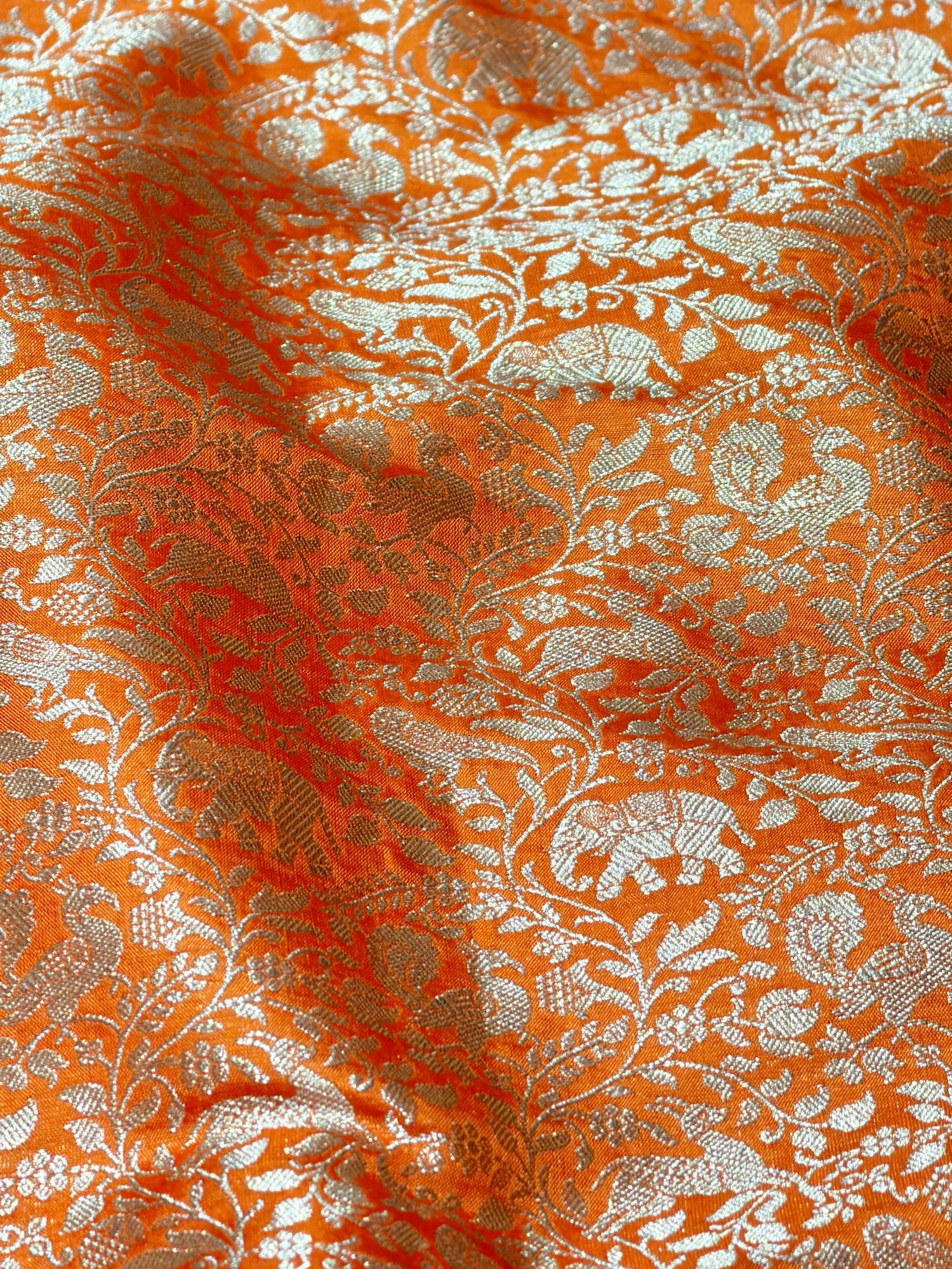 Orange Shikargah Katan Silk Handloom Fabric