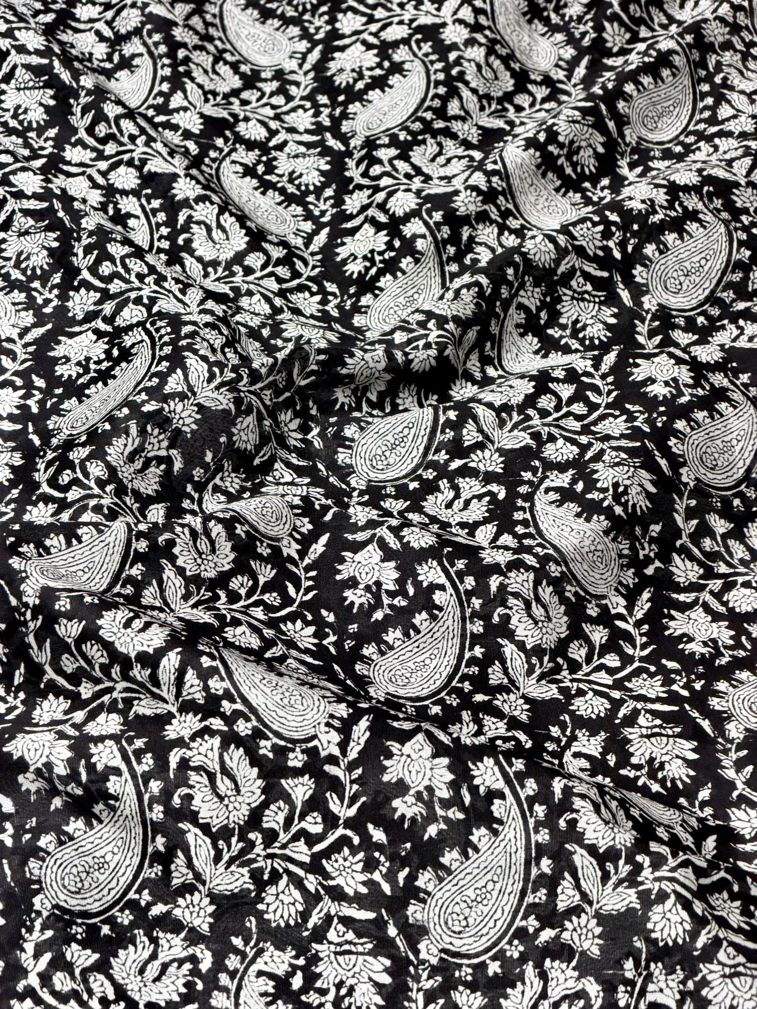 Black Chanderi Silk Fabric With Hand Block Print