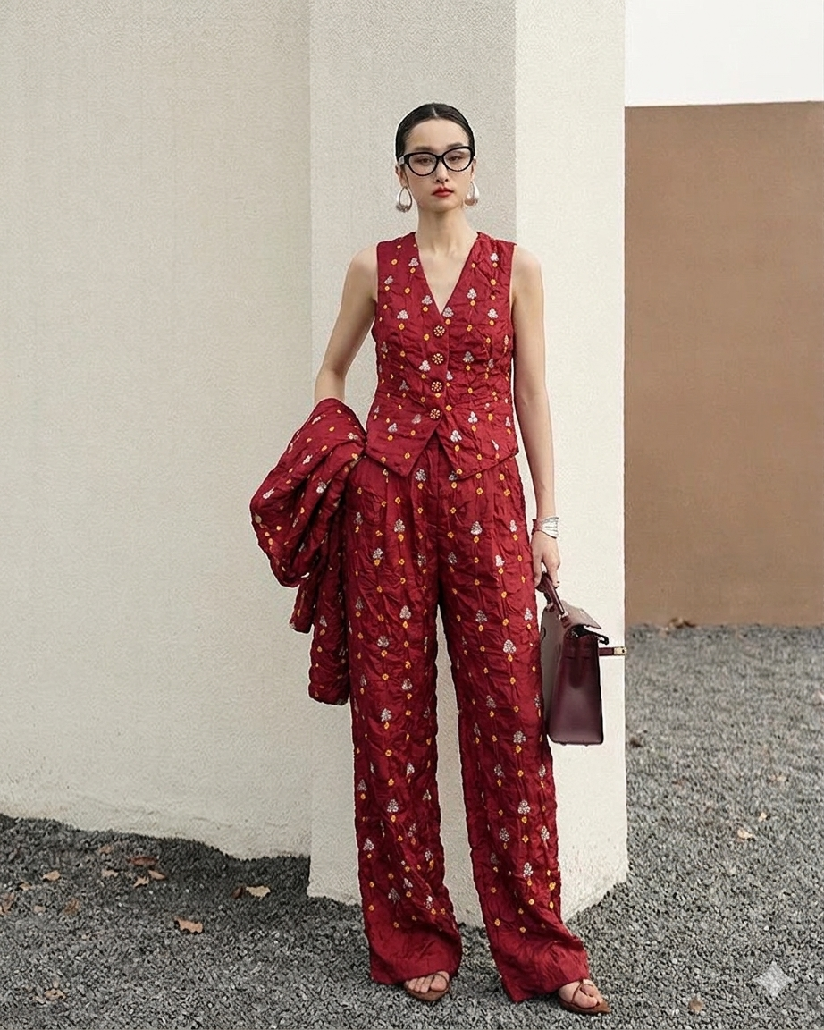 Deep Red Chiniya Silk Fabric With Bandhani