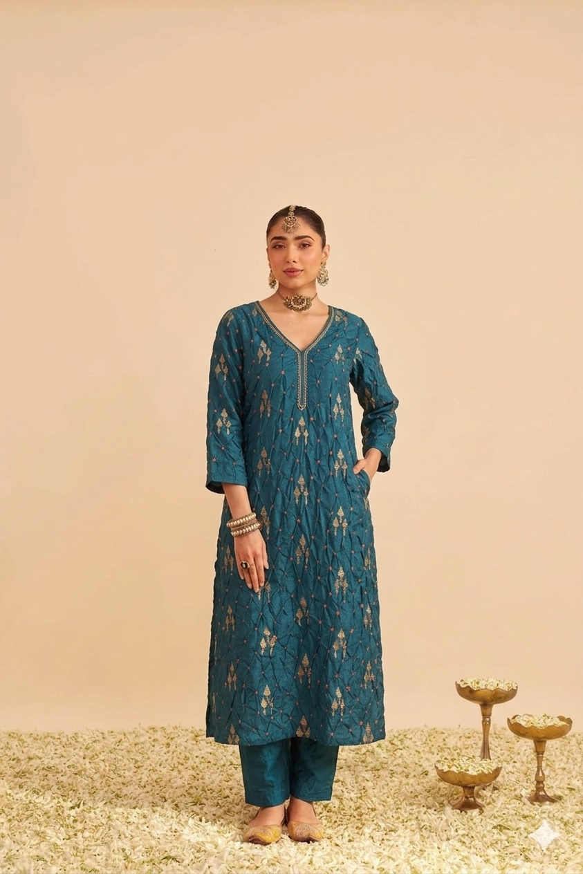 Teal Blue Chiniya Silk Fabric With Bandhani