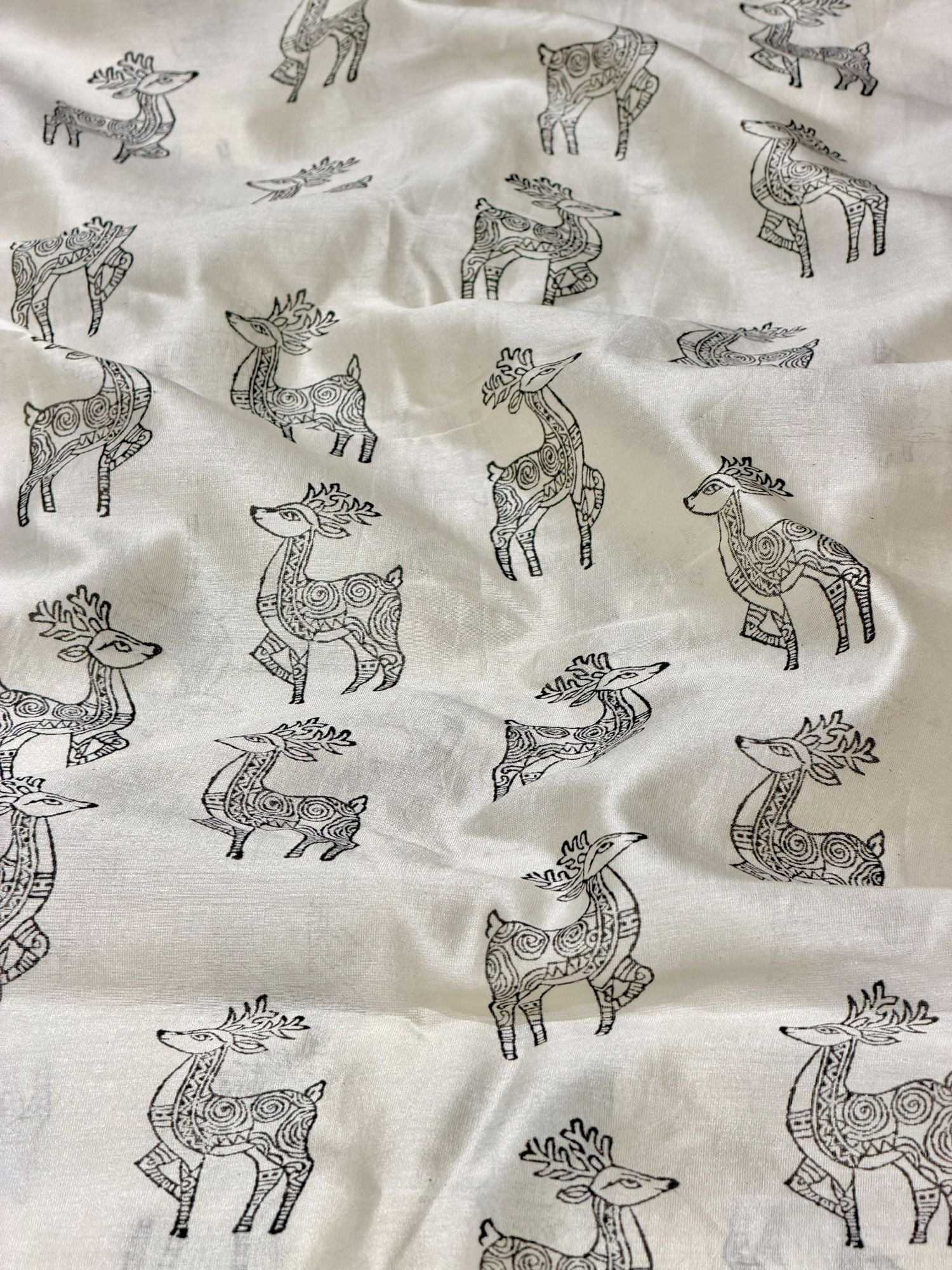 White Chanderi Silk Fabric With Hand Block Print