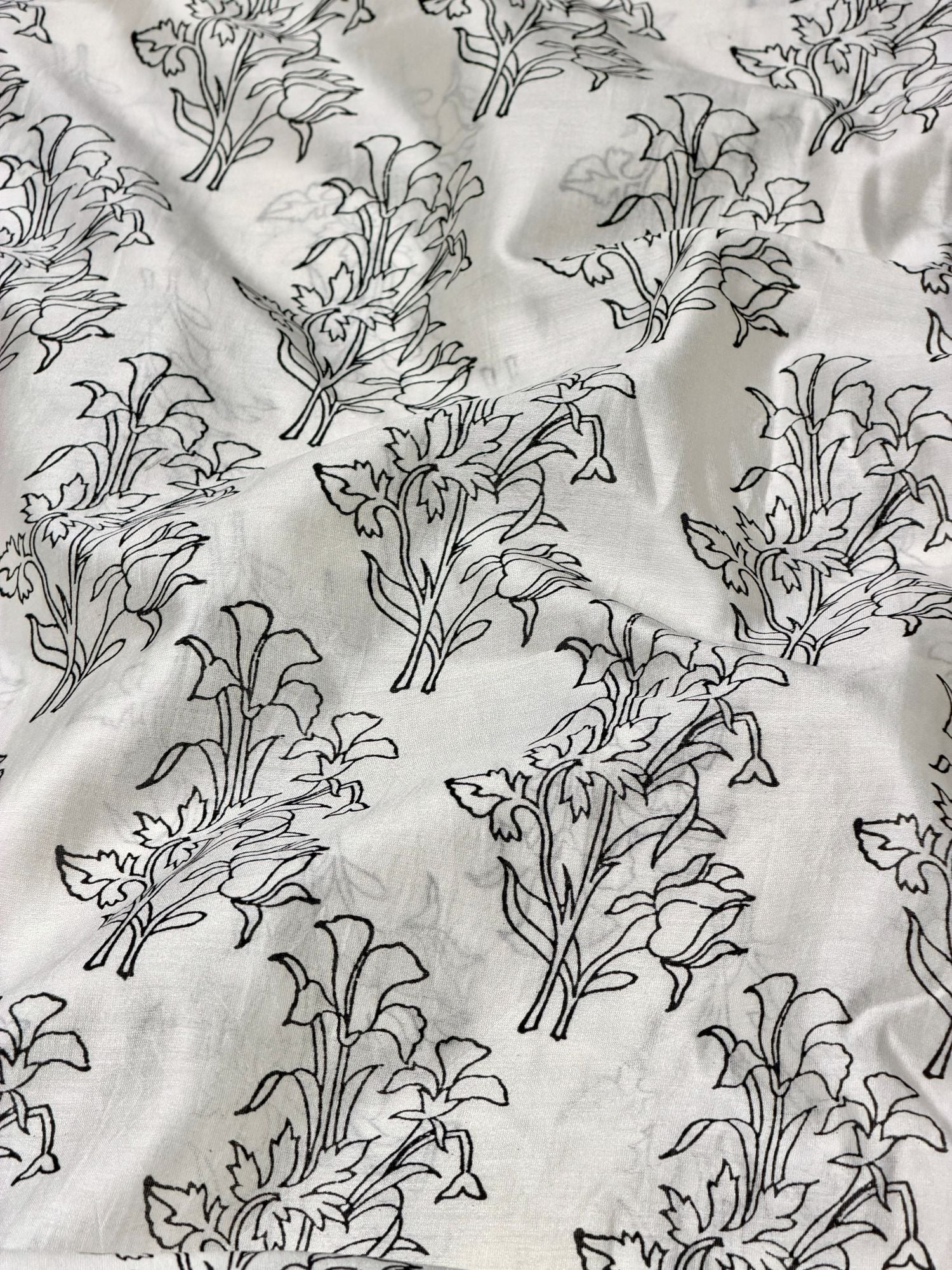 White Chanderi Silk Fabric With Hand Block Print