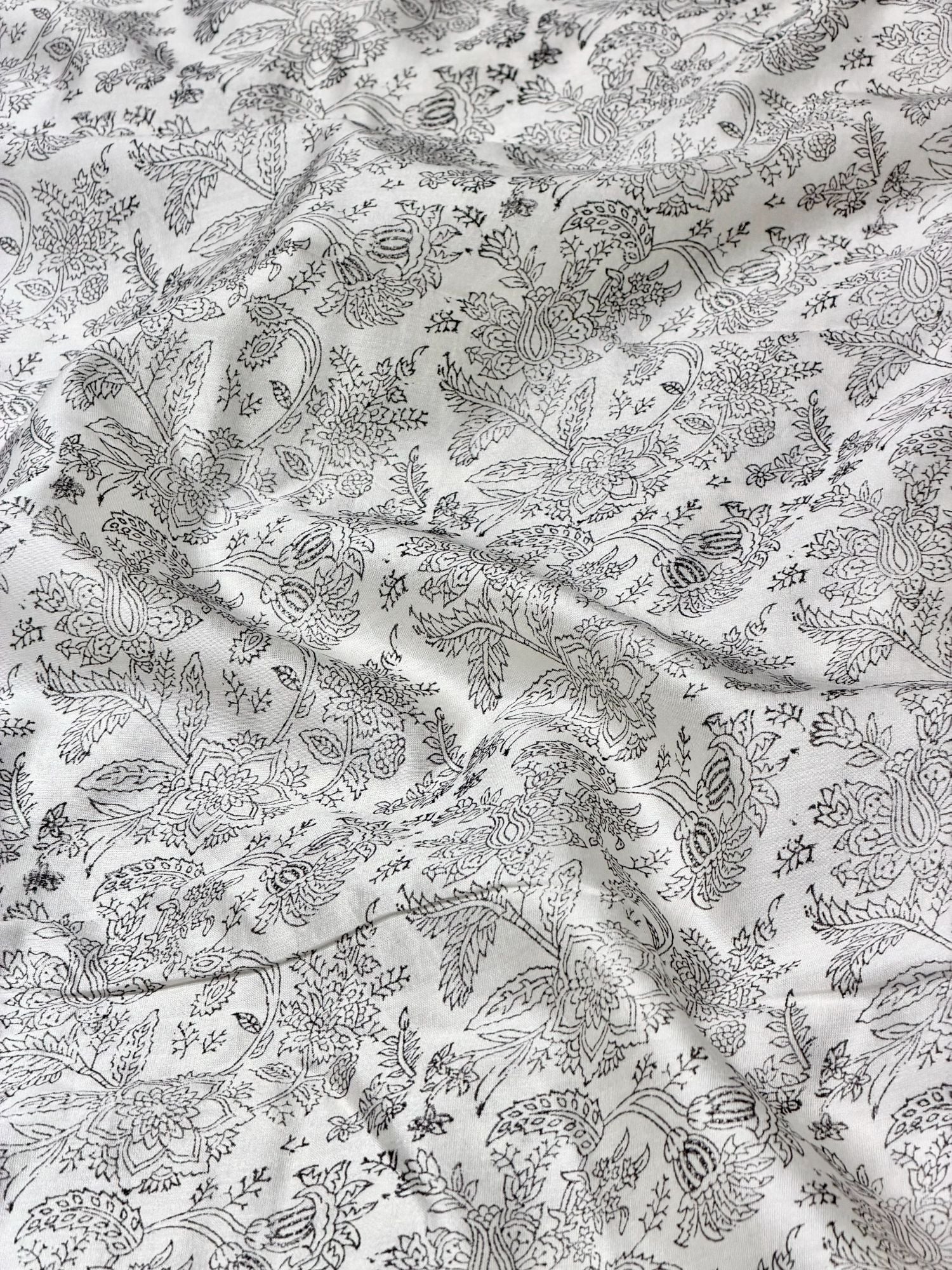 White Chanderi Silk Fabric With Floral Hand Block Print