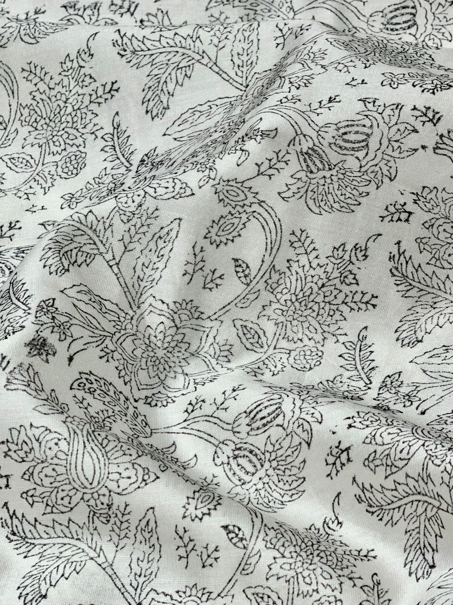 White Chanderi Silk Fabric With Floral Hand Block Print