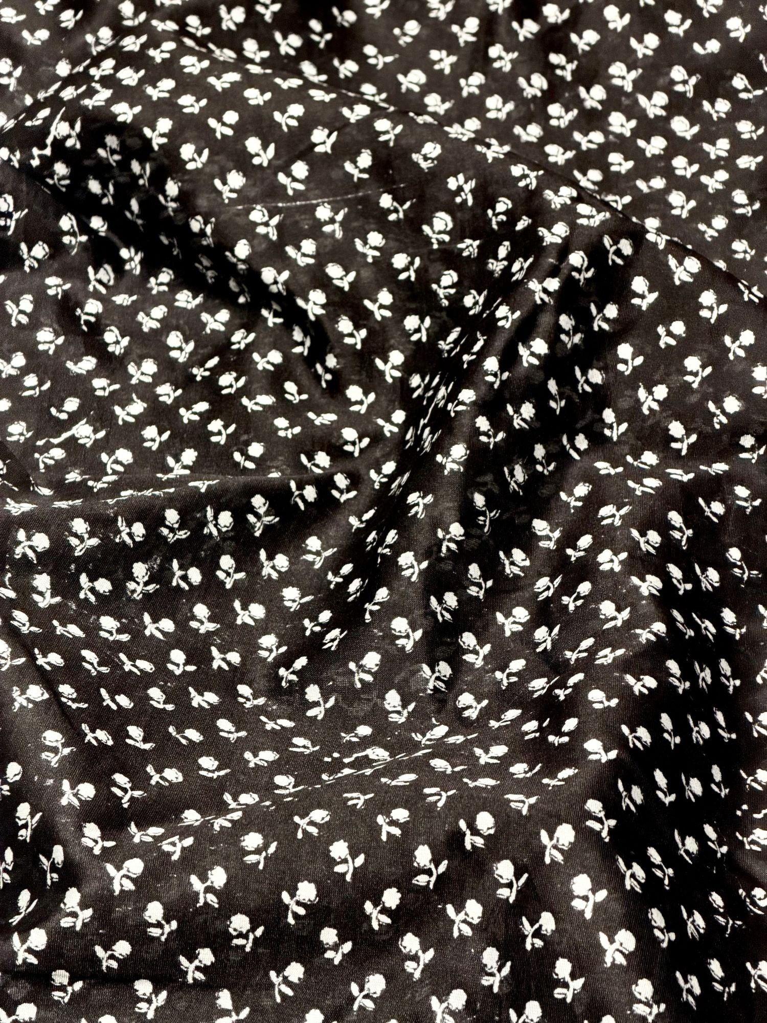 Black Chanderi Silk Fabric With Floral Hand Block Print