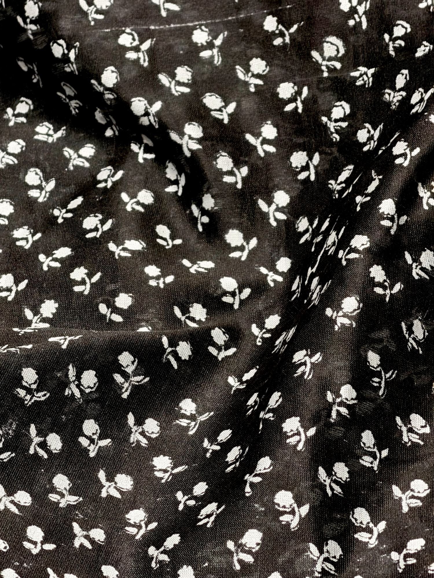 Black Chanderi Silk Fabric With Floral Hand Block Print