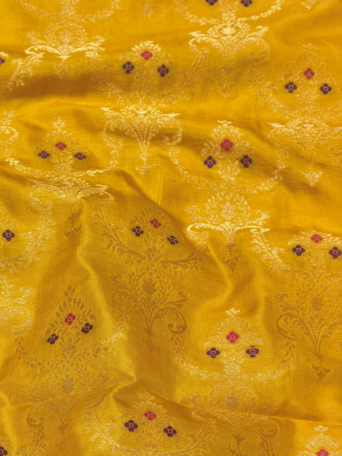 Yellow Katan Silk Meenakari Jaal Fabric
