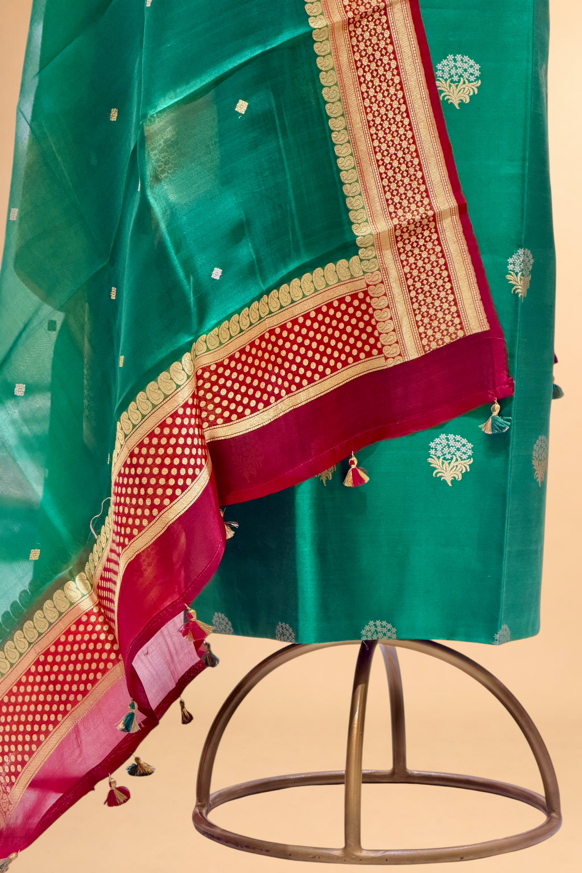 Bottle Green Chiniya Silk Suit Set With Contrast Border Dupatta
