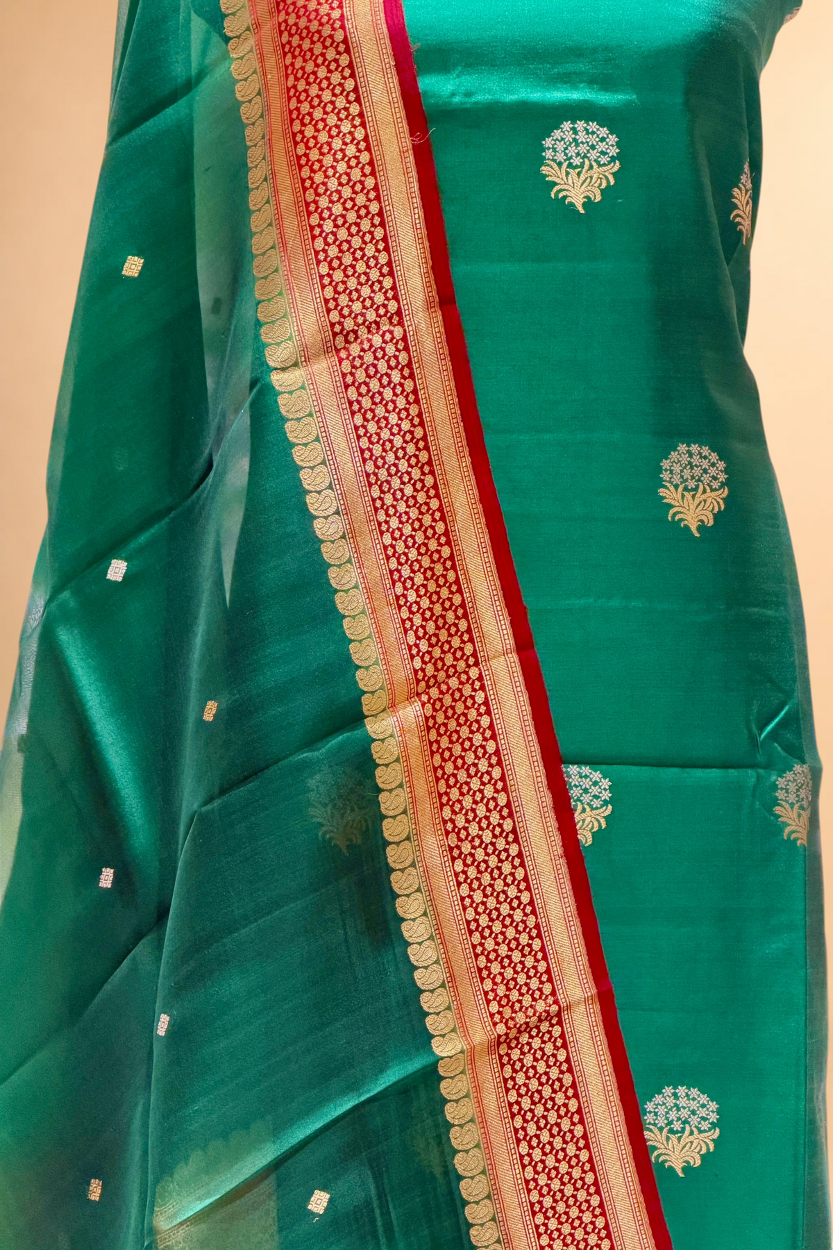 Bottle Green Chiniya Silk Suit Set With Contrast Border Dupatta