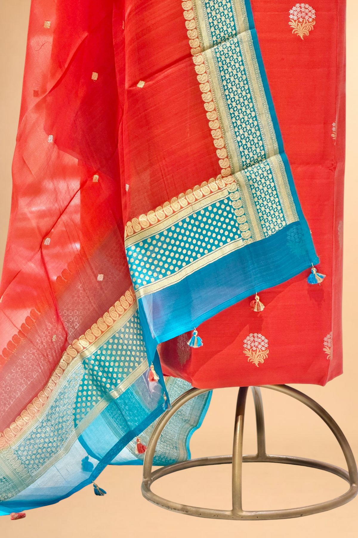 Vibrant Orange Chiniya Silk Suit Set With Contrast Border Dupatta