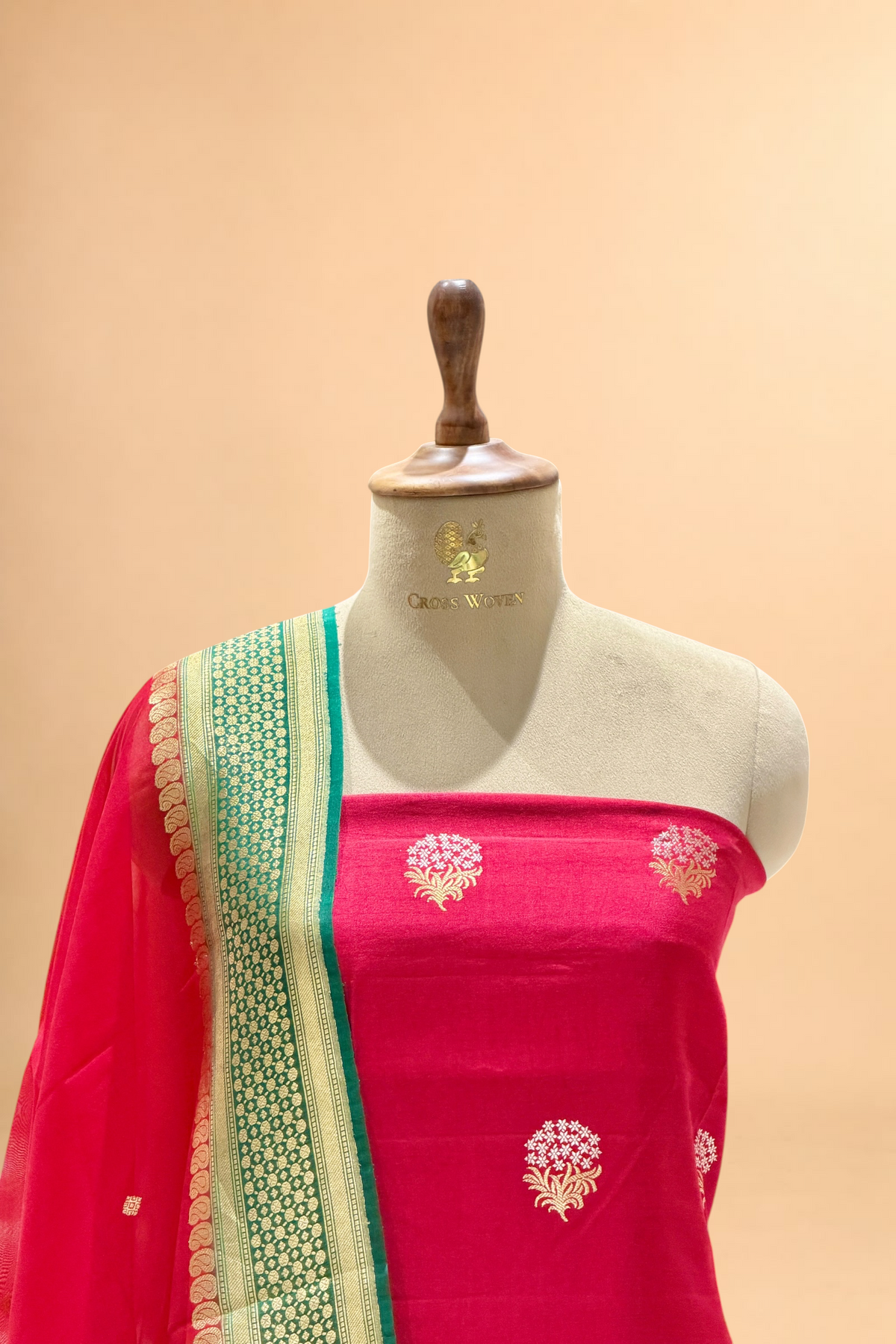 Red Chiniya Silk Suit Set With Contrast Border Dupatta