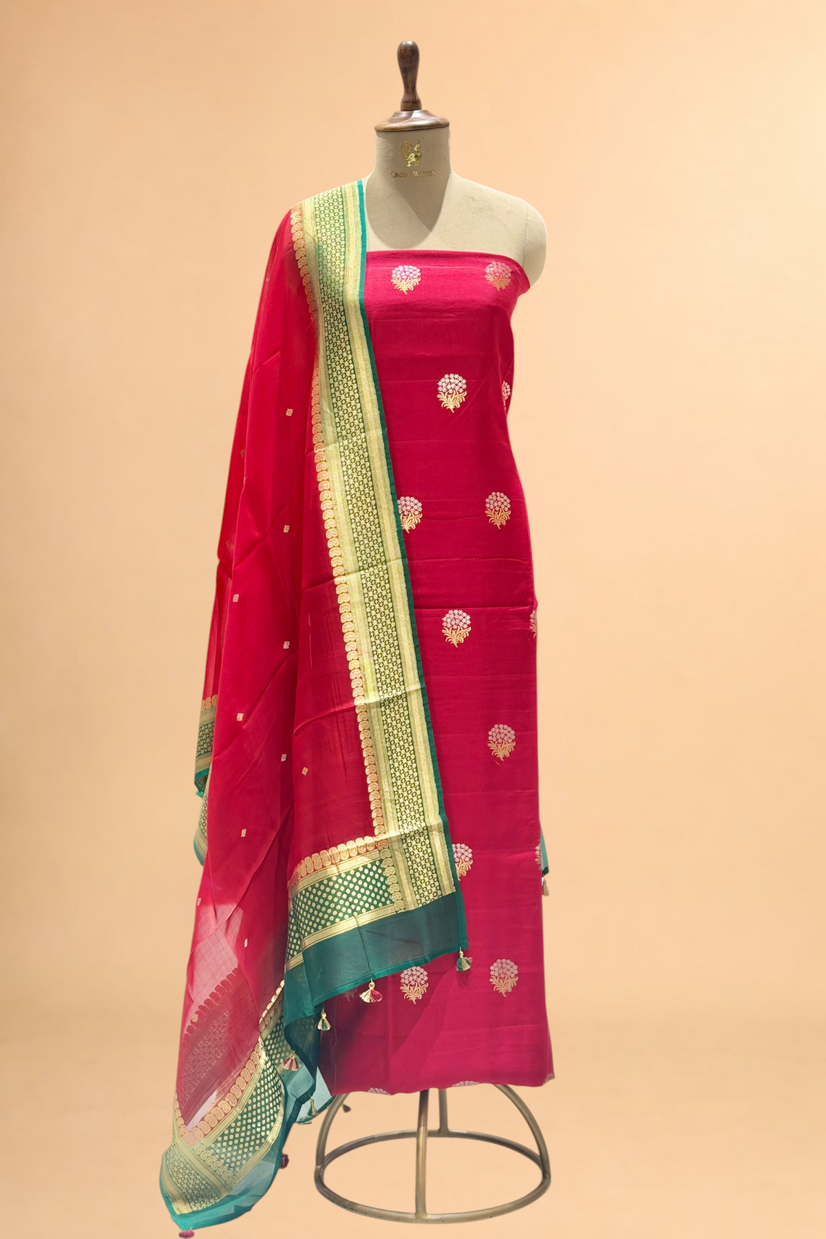 Red Chiniya Silk Suit Set With Contrast Border Dupatta