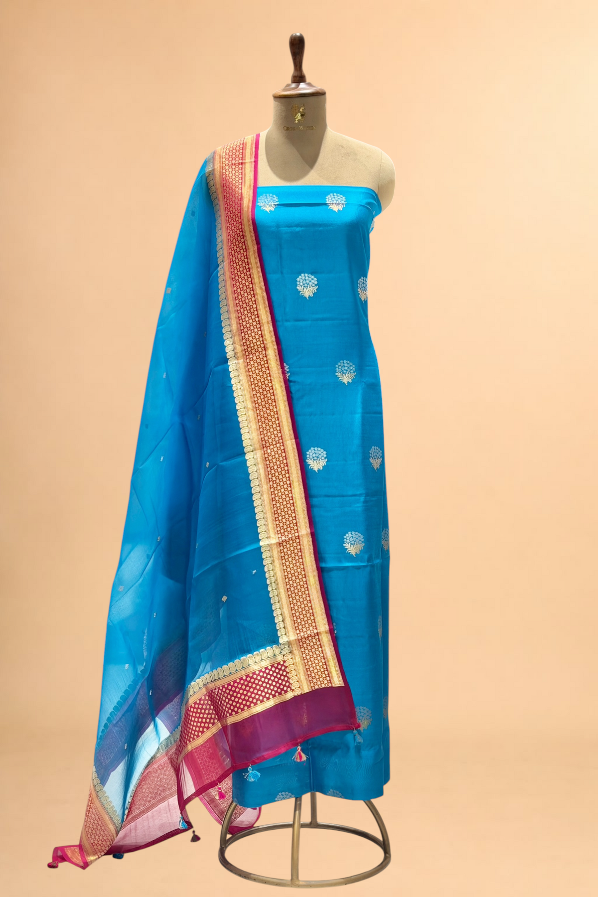 Vibrant Blue Chiniya Silk Suit Set With Contrast Border Dupatta