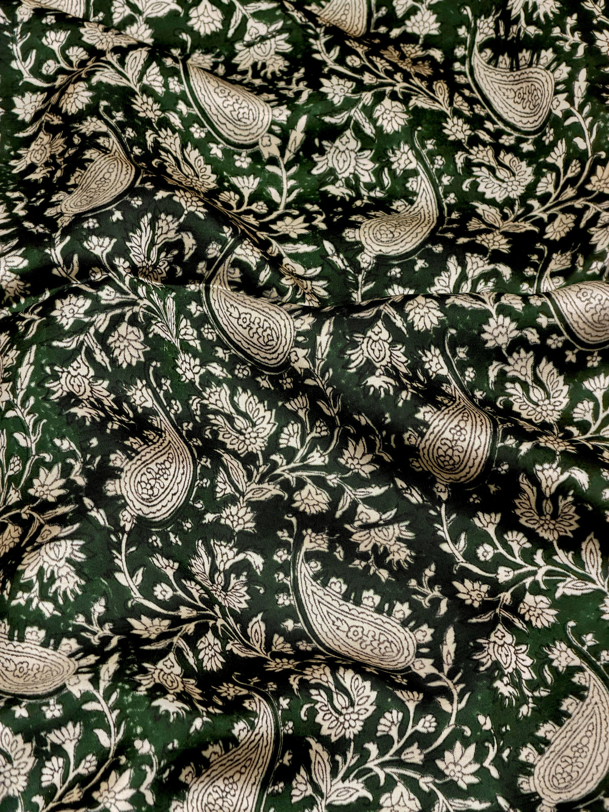 Green Muslin Silk Paisley Block Print Fabric