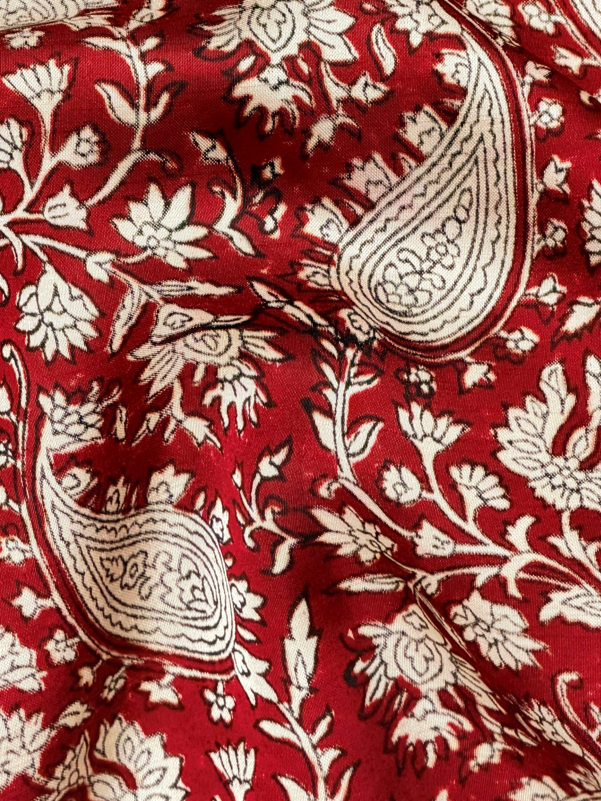 Red Muslin Silk Paisley Block Print Fabric
