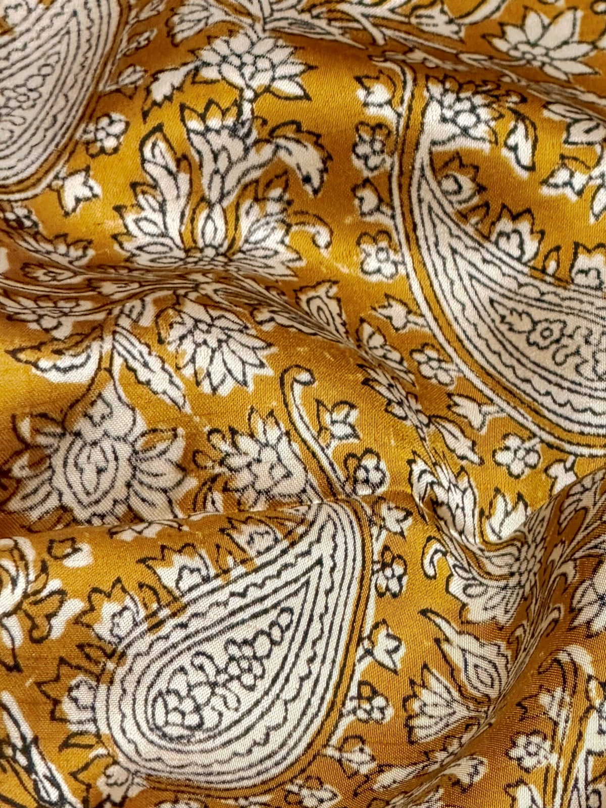 Yellow Muslin Silk Paisley Block Print Fabric