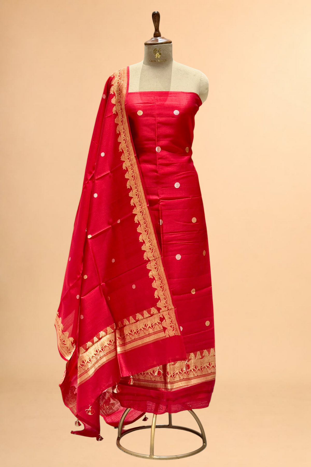 Red Pure Soft Silk Suit Set with Horse Motif Border