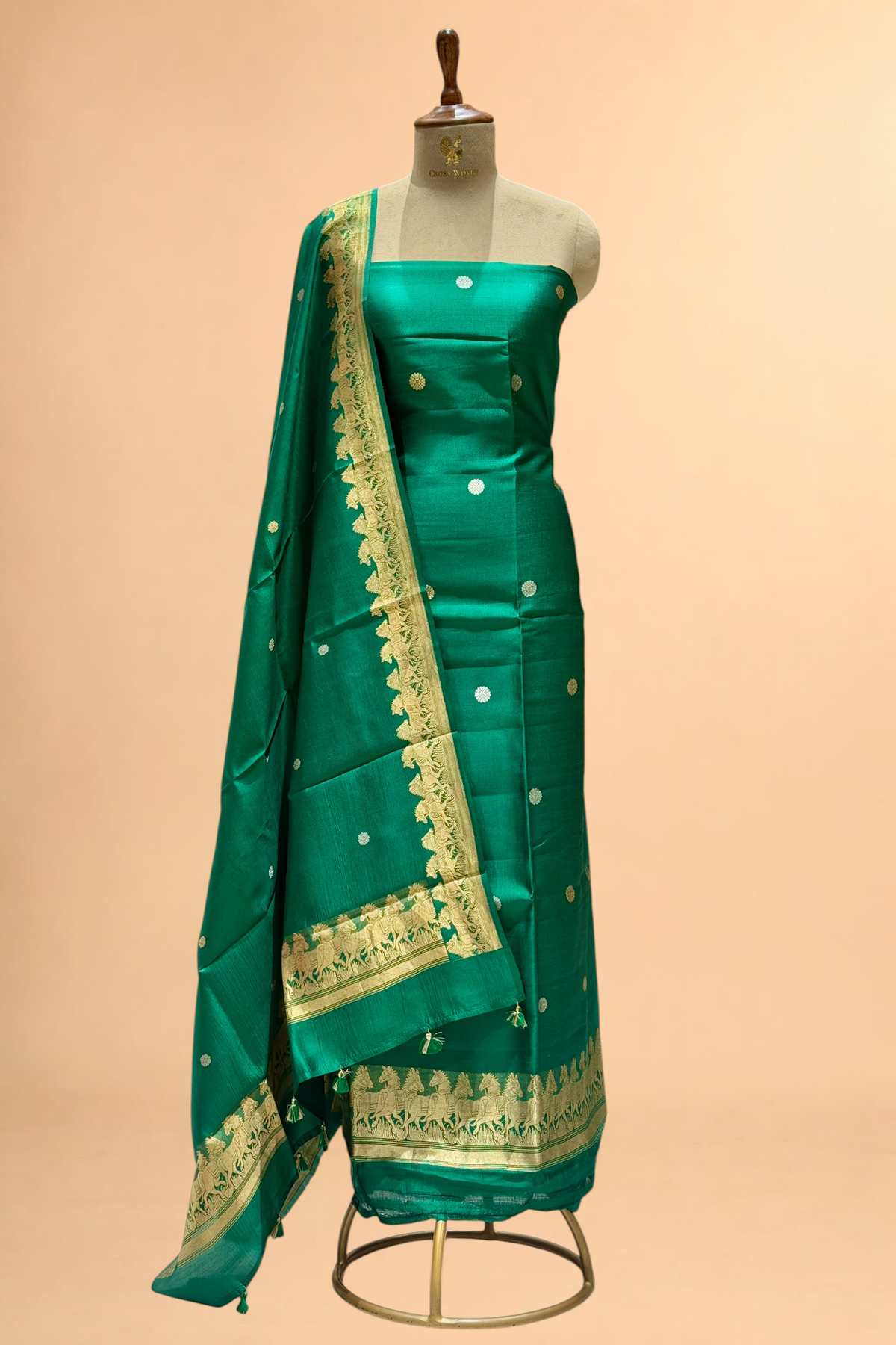 Emerald Green Pure Soft Silk Suit Set with Horse Motif Border