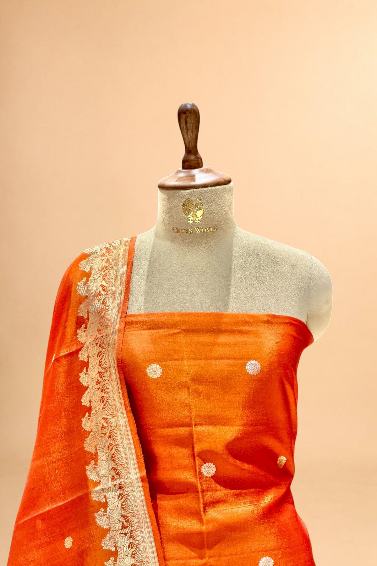 Rust Orange Pure Soft Silk Suit Set with Horse Motif Border