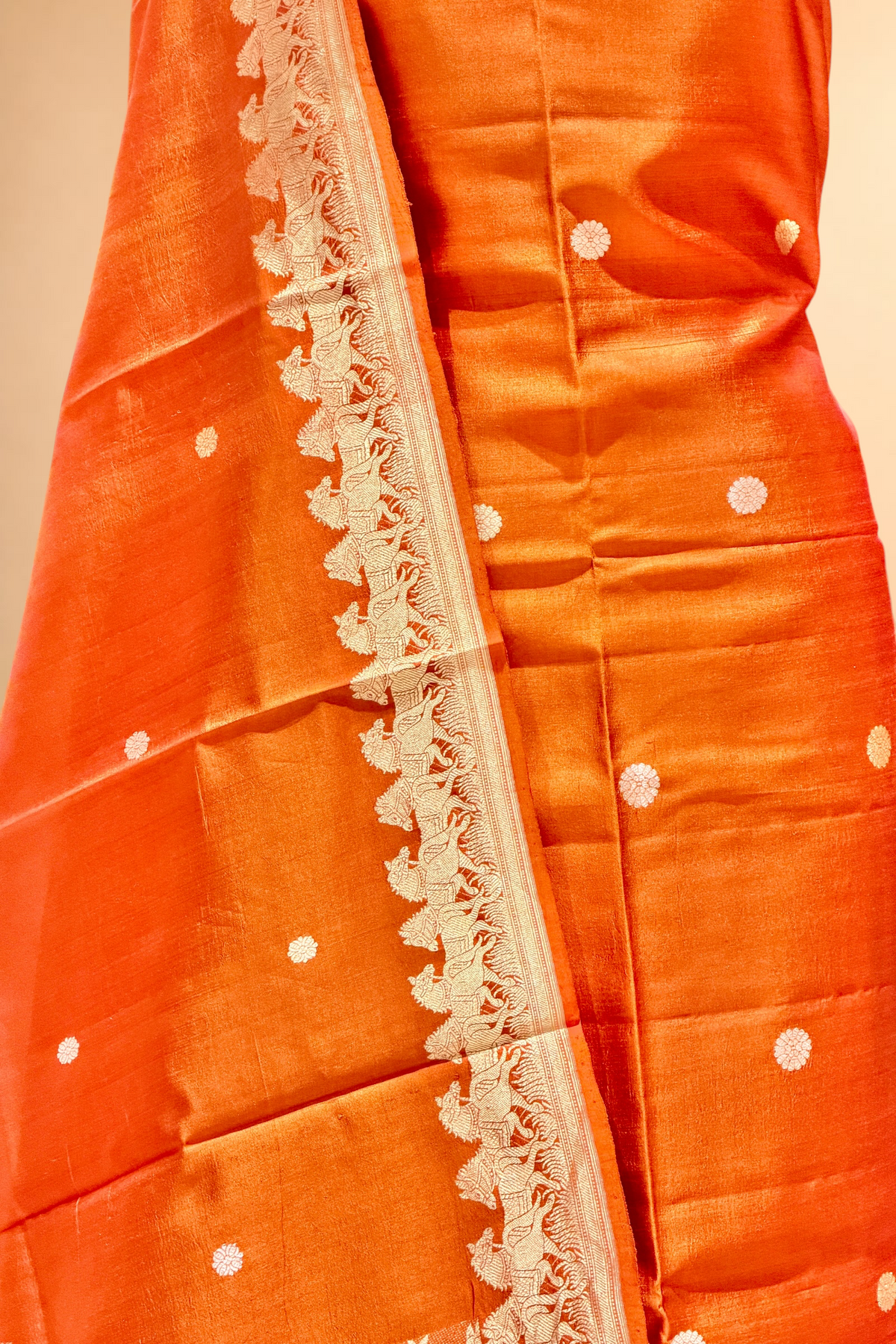 Rust Orange Pure Soft Silk Suit Set with Horse Motif Border