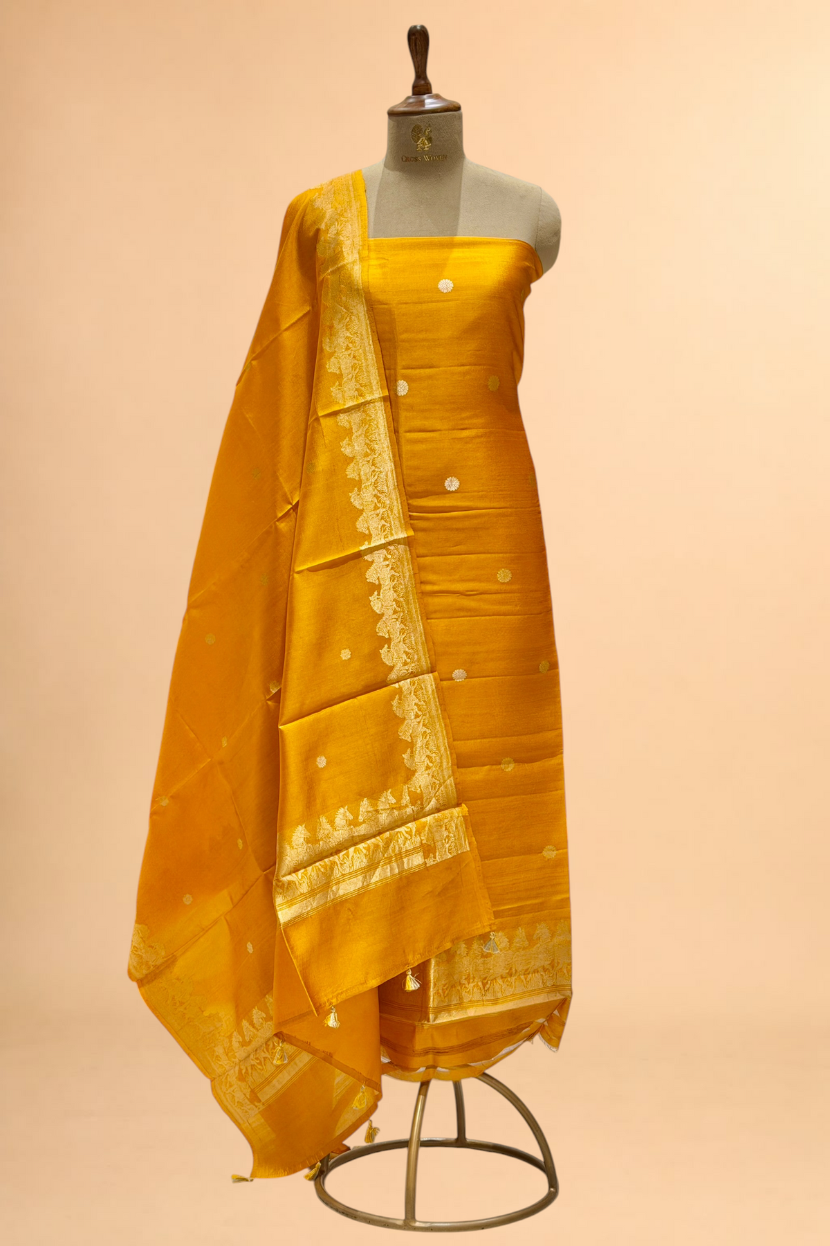 Mustard Yellow Pure Soft Silk Suit Set with Horse Motif Border
