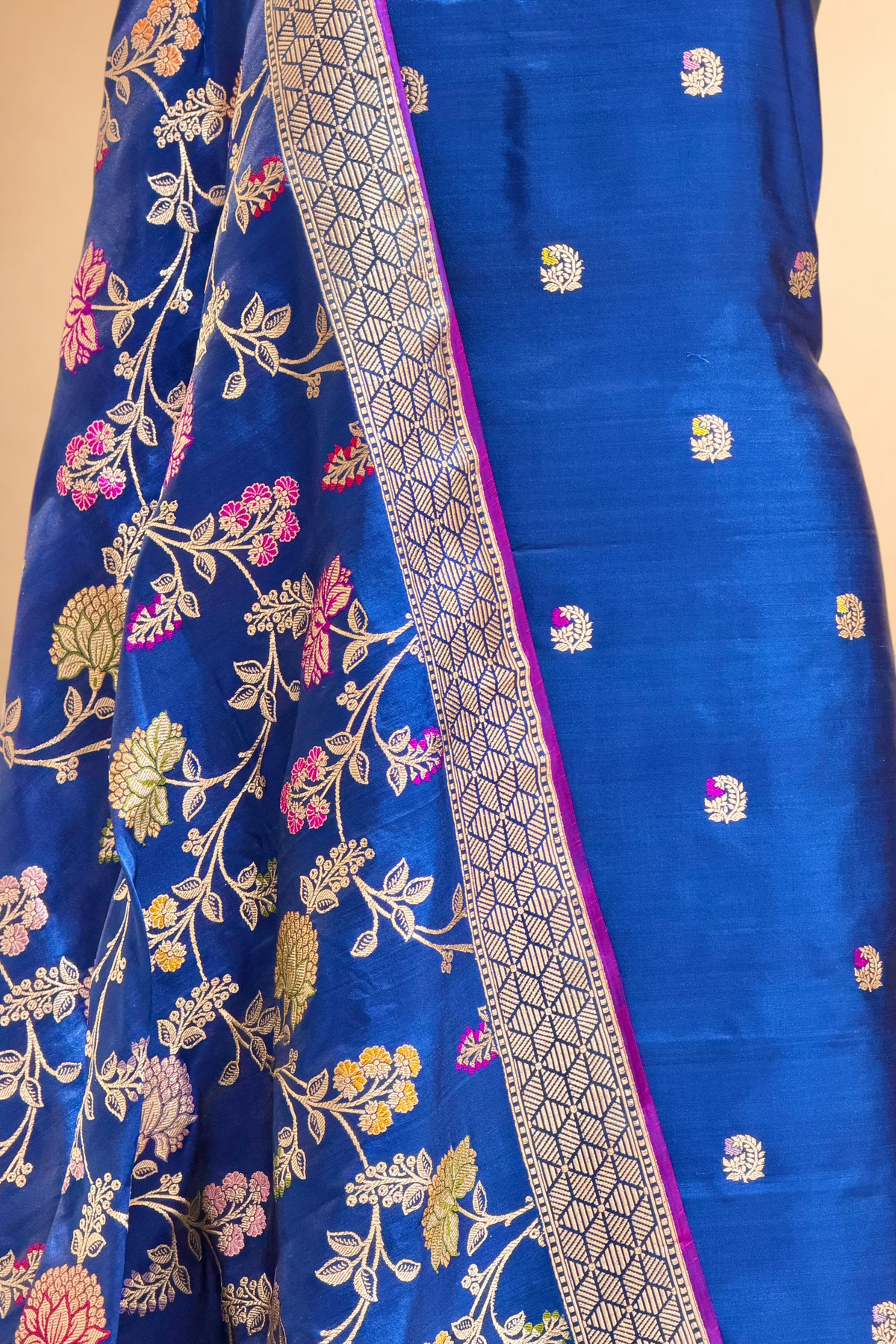 Deep Blue Katan Silk Iktara Suit with Meena Kadhwa Floral Jaal Dupatta