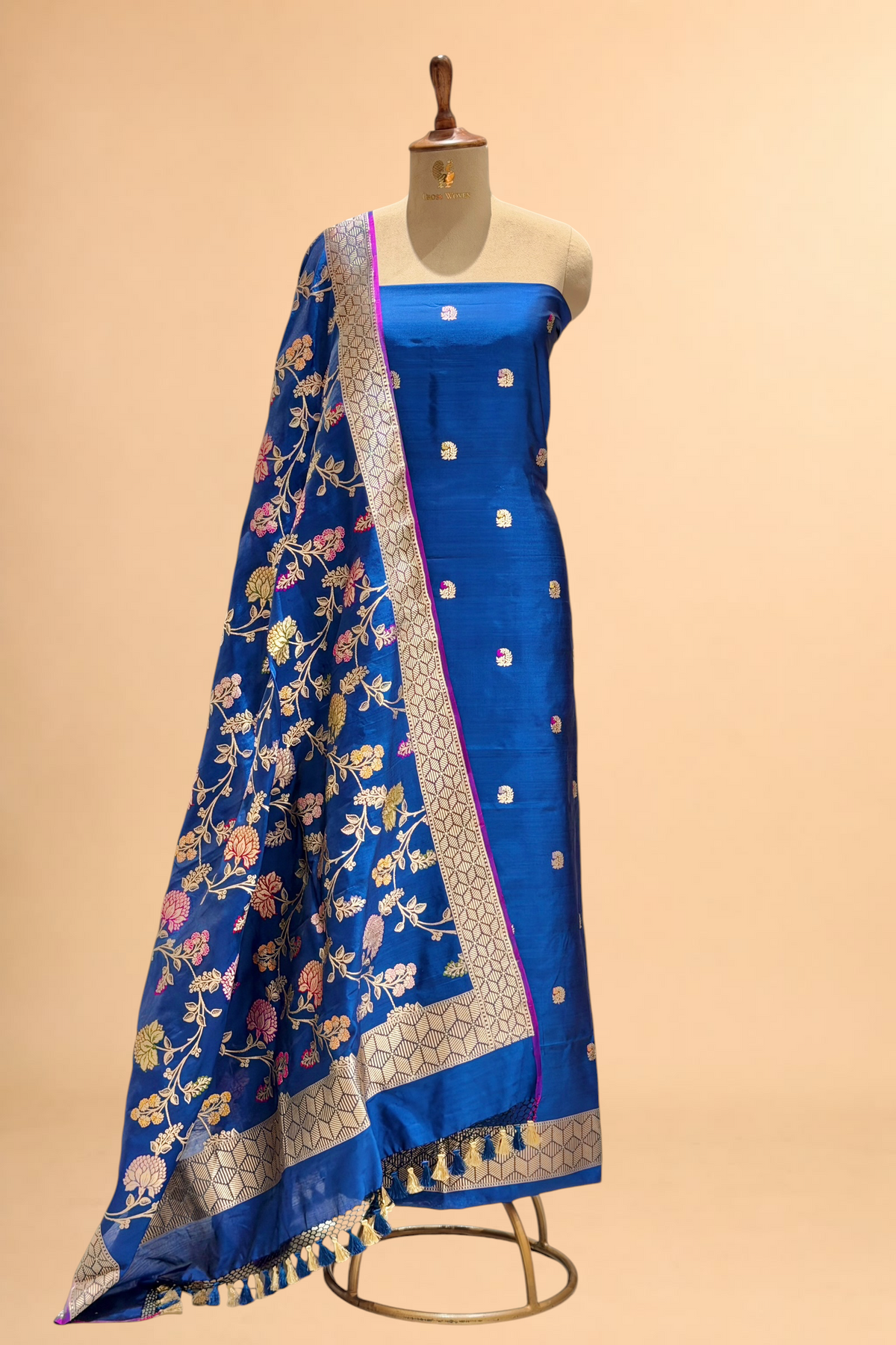 Deep Blue Katan Silk Iktara Suit with Meena Kadhwa Floral Jaal Dupatta