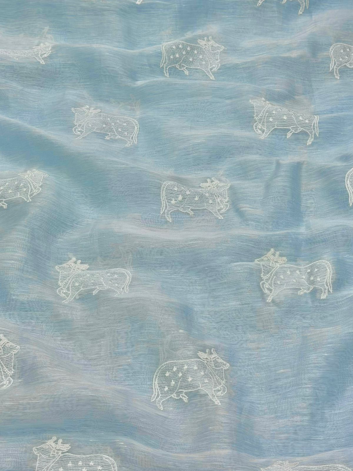 Baby Blue Silk Linen Fabric With Nandi Embroidery