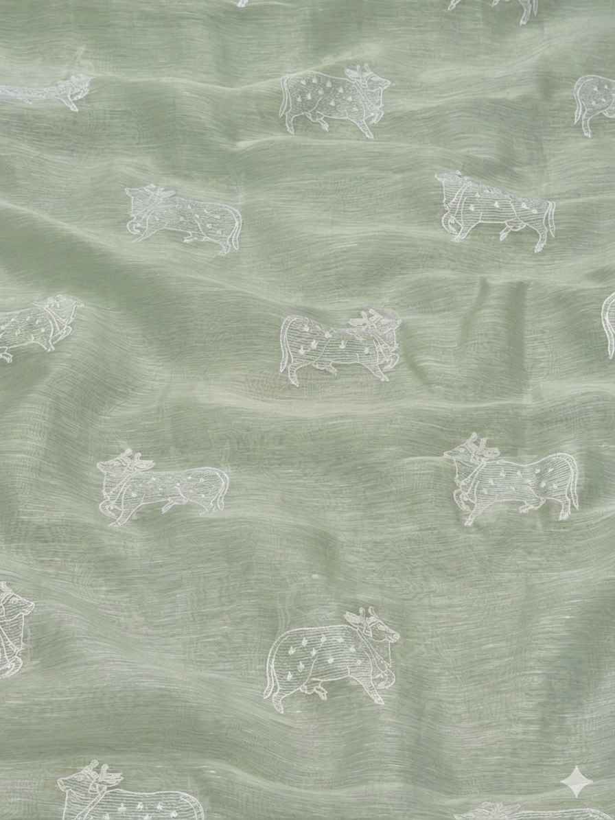 Pista Green Silk Linen Fabric With Nandi Embroidery